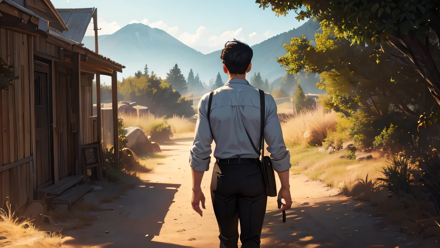 a man in a white button-down shirt and black pants, holding a bible, walking on a dirt path, view from the back, beautiful detailed face,highly detailed, cinematic lighting, dramatic shadows, warm color tones, photorealistic, masterpiece, (best quality,8k,detailed,realistic,photorealistic:1.37),dramatic lighting,vibrant colors,cinematic composition,natural setting,detailed background