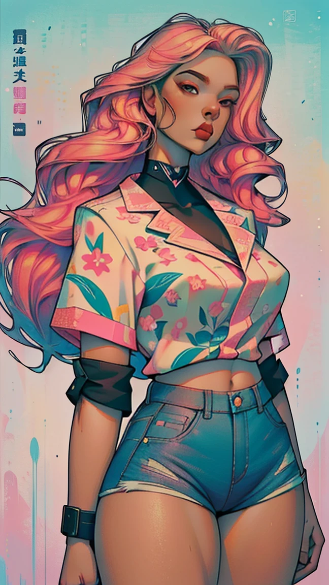 Background, In chic boho style, in a café, Ice cream print, multi-colored neon lights, neon garlands, Pink lavender mint hair, mixed-language_SMS, Japanese graffiti, (beautiful and clear background:1.2),, fantastic paintings ,graffit style, olhos altamente detalhados , Underwear, lace, latex, blonde girl, Cat Print, tattoo, Loving, Love, ultra detailed hair, Masterpiece, Best Quality, hig quality, high-resolution, detail enhancement, ((most beautiful image in the world)), Masterpiece, Best Quality, hig quality, high-resolution, detail enhancement, ((most beautiful image ), Shiny pink degrade hair, ultra short fitted Stampa Flores, Rollers, tights in a mesh, Short denim shorts, art by stjepan sejic, art by j scott campbell, art by guillem march, art by citemer liu, 4k, high-resolution, comic book character, comic, high quality detailed, style of ::2.0 comix illustration style,tatoon style, hig quality, high-resolution, detail enhancement, 8K, HD, Best Quality, hig quality, high-resolution, detail enhancement, 8K, HDR, Sharp focus, Ultra Detailed, Perfect lighting, Curvy Body, Lush breasts, Curvy hips