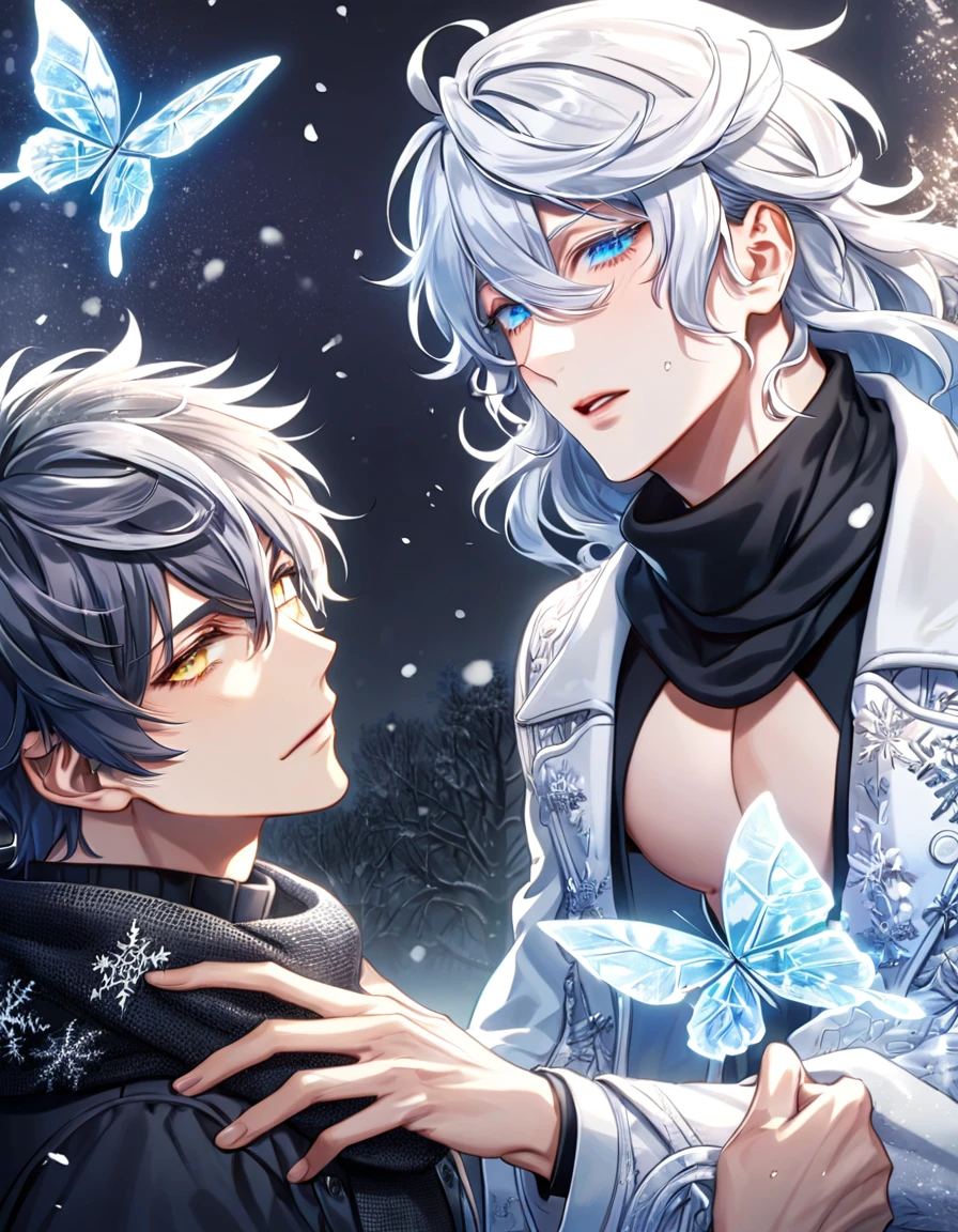 absurdres, highres, ultra detailed, HDR, master piece, best quality, extremely detailed face, delicated features, Zwei, black slightly wavy hair, hair between the eyes, expressive yellow eyes, Code Zero, Gojou Satoru, white hair, expressive blue eyes, two sexy men together, gay couple, yaoi, handsome, toned chest, black coat, black sweater, black scarf, white coat, fantasy, magical, radiant, snowing, winter, snowflakes, white ice butterflies, ice lilies, park