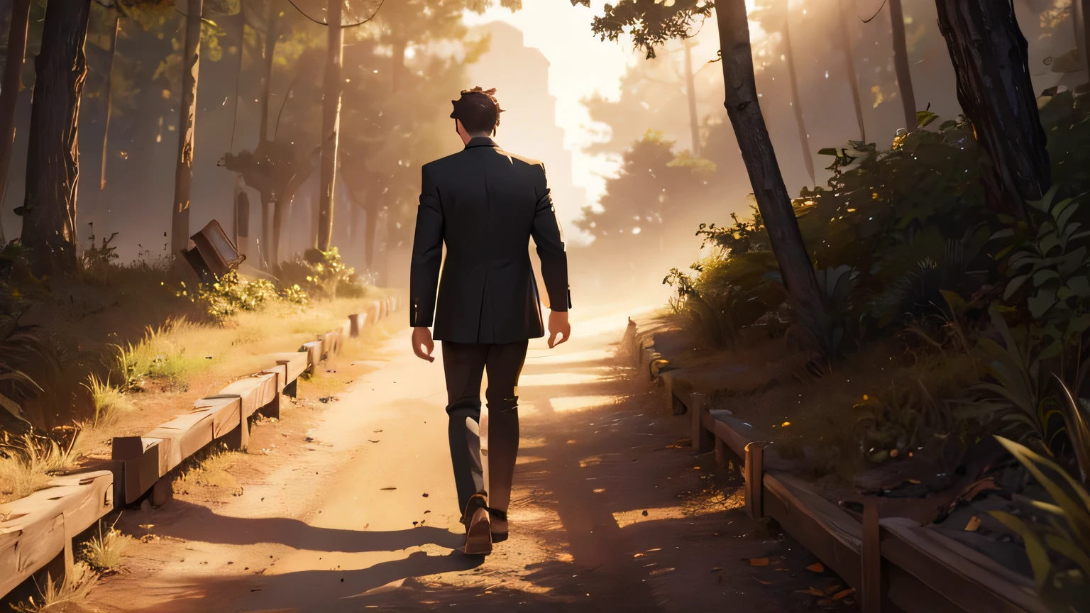 a man in a white button-down shirt and black pants, holding a bible, walking on a dirt path, view from the back, beautiful detailed face,highly detailed, cinematic lighting, dramatic shadows, warm color tones, photorealistic, masterpiece, (best quality,8k,detailed,realistic,photorealistic:1.37),dramatic lighting,vibrant colors,cinematic composition,natural setting,detailed background