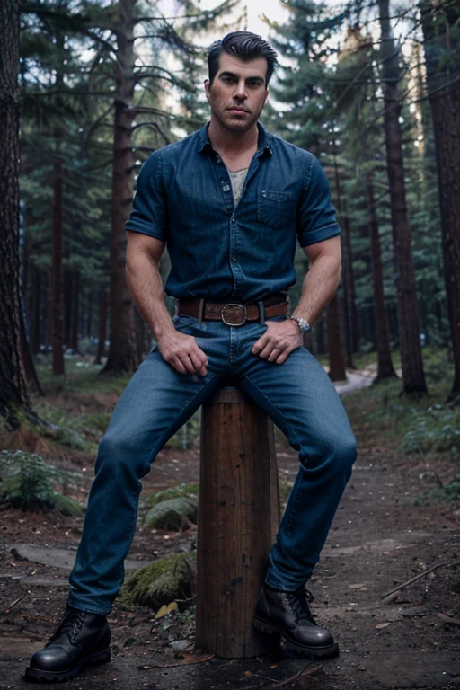 Chad Warwick, Zachary Quinto, Wolf, 36 years old, short messy black hair, slim muscular build, blue eyes, open blue denim shirt, dark blue jeans, black belt, light brown combat boots, silver moon pendant, black misty forest background.