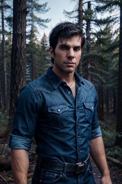 Chad Warwick, Zachary Quinto, Wolf, 36 years old, short messy black hair, slim muscular build, blue eyes, open blue denim shirt, dark blue jeans, black belt, light brown combat boots, silver moon pendant, black misty forest background.