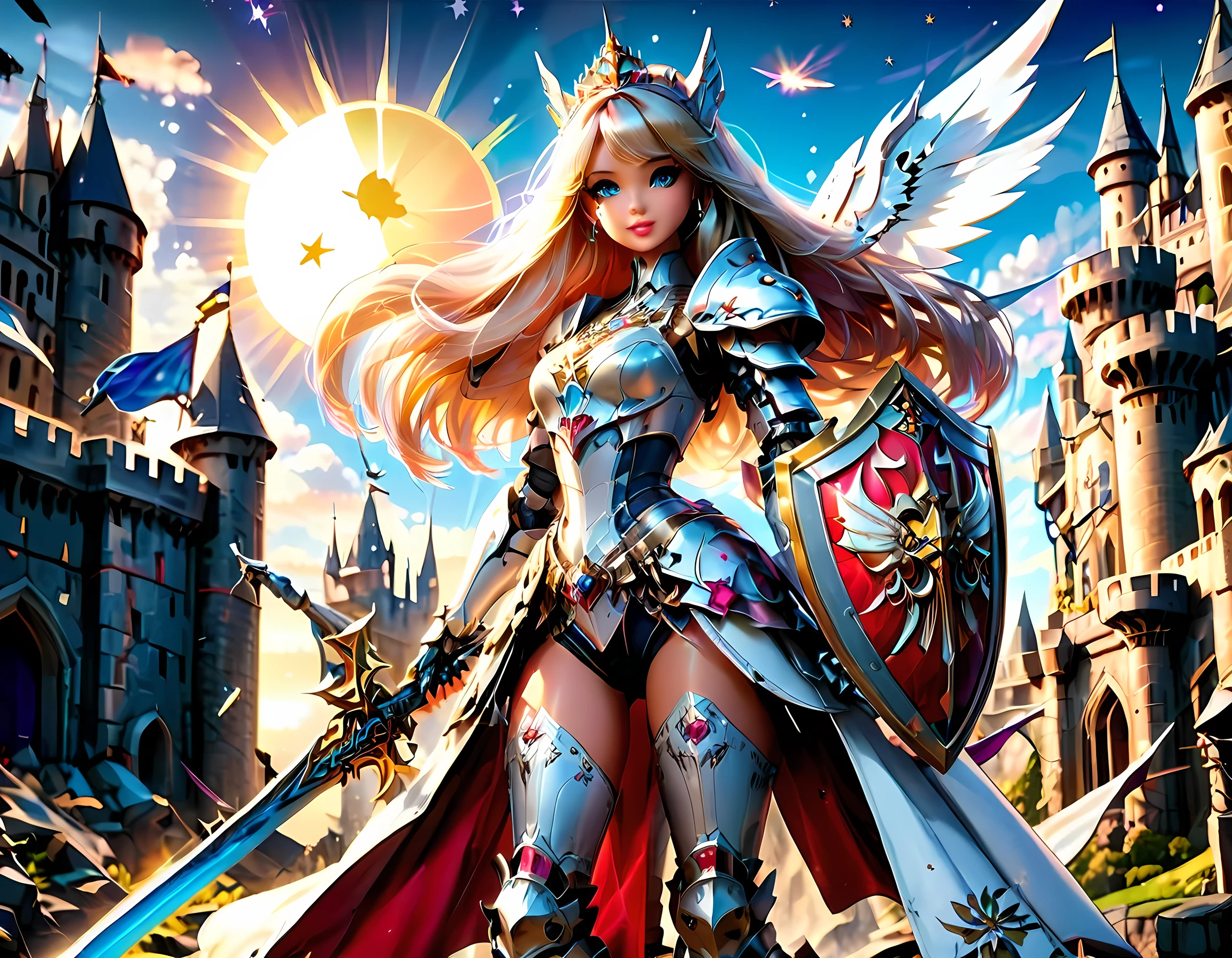 16k, ultra detailed, masterpiece, best quality, (extremely detailed), arafed, dnd art, panoramic view, full body, ((Barbie: 1.5)) knight standing on the all of the castle as the sun rises, she is holding sword and shield, you see only the silhouette of knight, intense eyes, ultra feminine, ultra detailed face, (Masterpiece, intense details:1.5), (anatomically correct: 1.5), determined face, sky are switching day and night, the sun is rising, suns, some stars, rays of dawn, fantasy castle background, Wide-Angle, Ultra-Wide Angle, 16k, highres, best quality, faize, Sword and shield, mecha