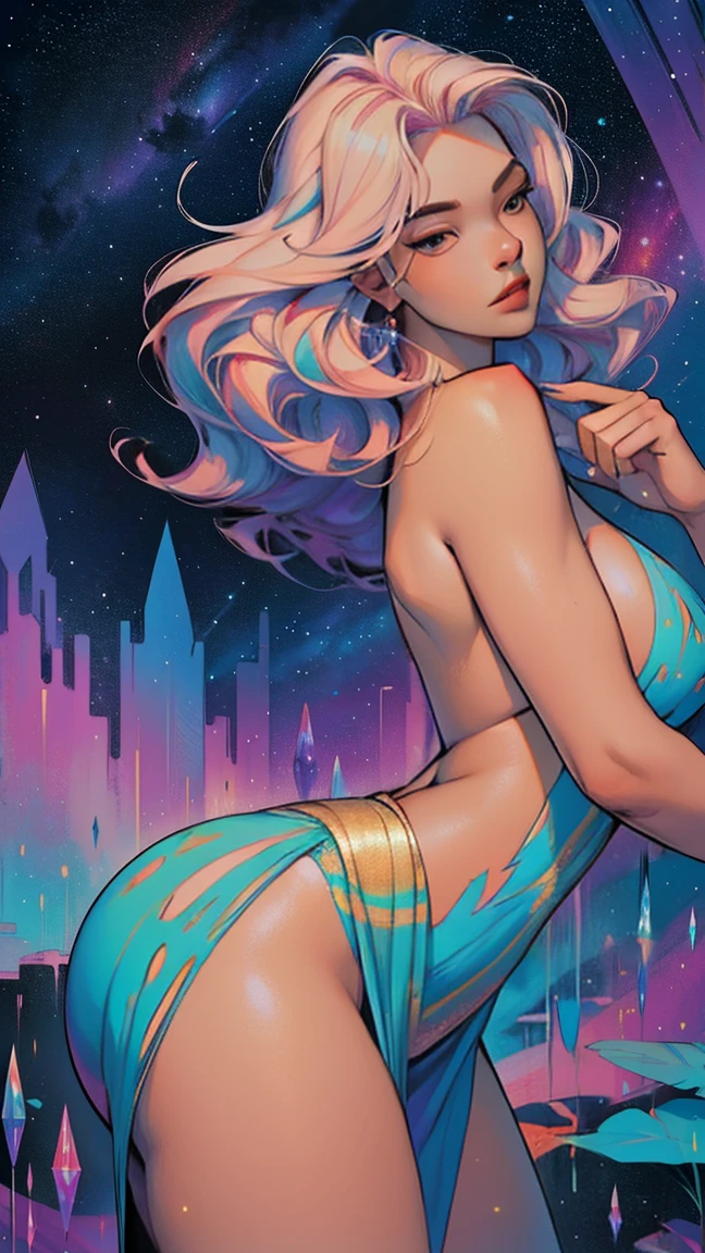 Professional,abstract beauty,approaching perfection,dynamic,Highly detailed,digitalpainting,Artstation,Concept art,Smooth,sharp-focus,illustartion,Artists: by Carne Griffiths, Wadim Kashin,leonid afremov,kandinsky,Psychedelic,watercolour,crystals foil,stylish,Fantastic,a gold,colorful neon, s face, waist-high, portraite of a, up close, near, queen, a goddess, A glorious sunrise, aura, Glow, multi-colored bright aurora borealis, Spectrum Rainbow,Colored feathers, In a chic, lavender white mint hair, pastel, mixed-language_SMS, (beautiful and clear background:1.2),, fantastic paintings , high detailed eyes, crystals, The Space of the Northern Lights, galaxy, Gorgeous hair, Plants. Loving. Love. ultra detail hair, Best Quality, hiquality, hight resolution, detail enhancement, ((most beautiful image in the world)), Masterpiece, Best Quality, High Quality Detail Enhancement, ((most beautiful image ), Shiny hair, Ultra chic, Topless, naked body, curvy chic body, Stampa Flores, art by stjepan sejic, art by j scott campbell, Artist Guillem March, art by citemer liu, 4k, hight resolution, comic book character, comic, high quality detailed, style of ::2.0 comix illustration style,tatoon style, hiquality, hight resolution, detail enhancement, 8K, HD, Best Quality, hiquality, hight resolution, detail enhancement, 8K, HDR, sharp-focus, Ultra Detailed, perfect lighting, Curvy Body, Lush big breasts, Curvy big hips, sparks, Stars, The Cycle of the Stars