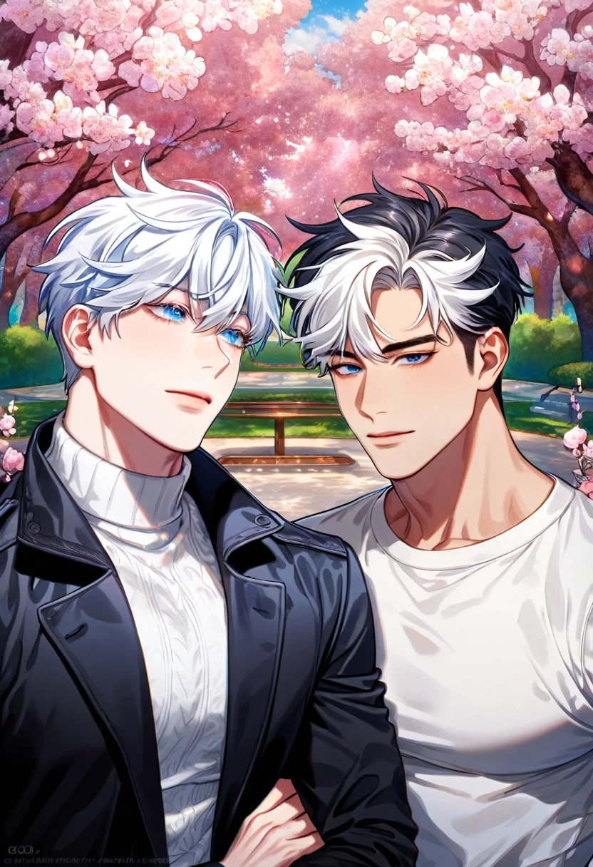 absurdres, highres, ultra detailed, HDR, master piece, best quality, extremely detailed face, delicated features, Kang Woojin, black messy hair, expressive dark blue eyes, Love Jinx, Gojou Satoru, white hair, expressive blue eyes, two sexy men together, gay couple, yaoi, handsome, toned chest, black coat, white sweater, black scarf, fantasy, magical, radiant, blossoms, pink flowers, pink butterflies, park