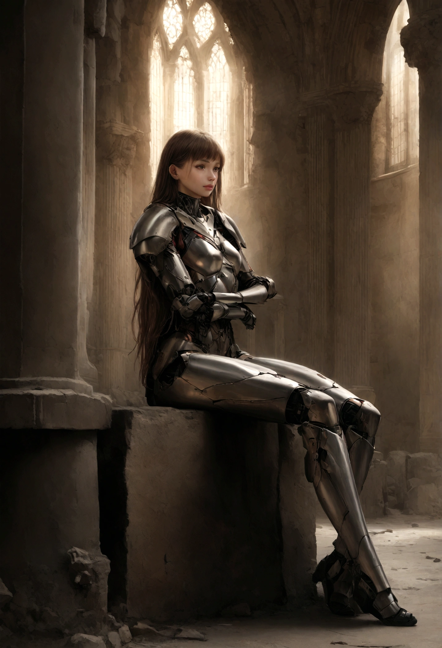 Create an image of a beautiful female cyborg warrior sitting gracefully in a post-apocalyptic setting. The cyborg has long, wavy brown hair cascading over her shoulders and wears a metallic exoskeleton armor that intricately combines futuristic technology with medieval design elements. The armor covers her arms, torso, and legs, leaving parts of her natural skin visible. She is posed against the backdrop of a ruined cathedral, with broken arches and large, circular stained glass windows casting soft, diffused light. The atmosphere is filled with a hazy, ethereal glow, and the overall color palette features muted earth tones with metallic accents. The expression on her face is calm and confident, and the details of the scene are rendered with a high level of realism. Distant full body view, ultra realistic photo, 16k, vibrant colors