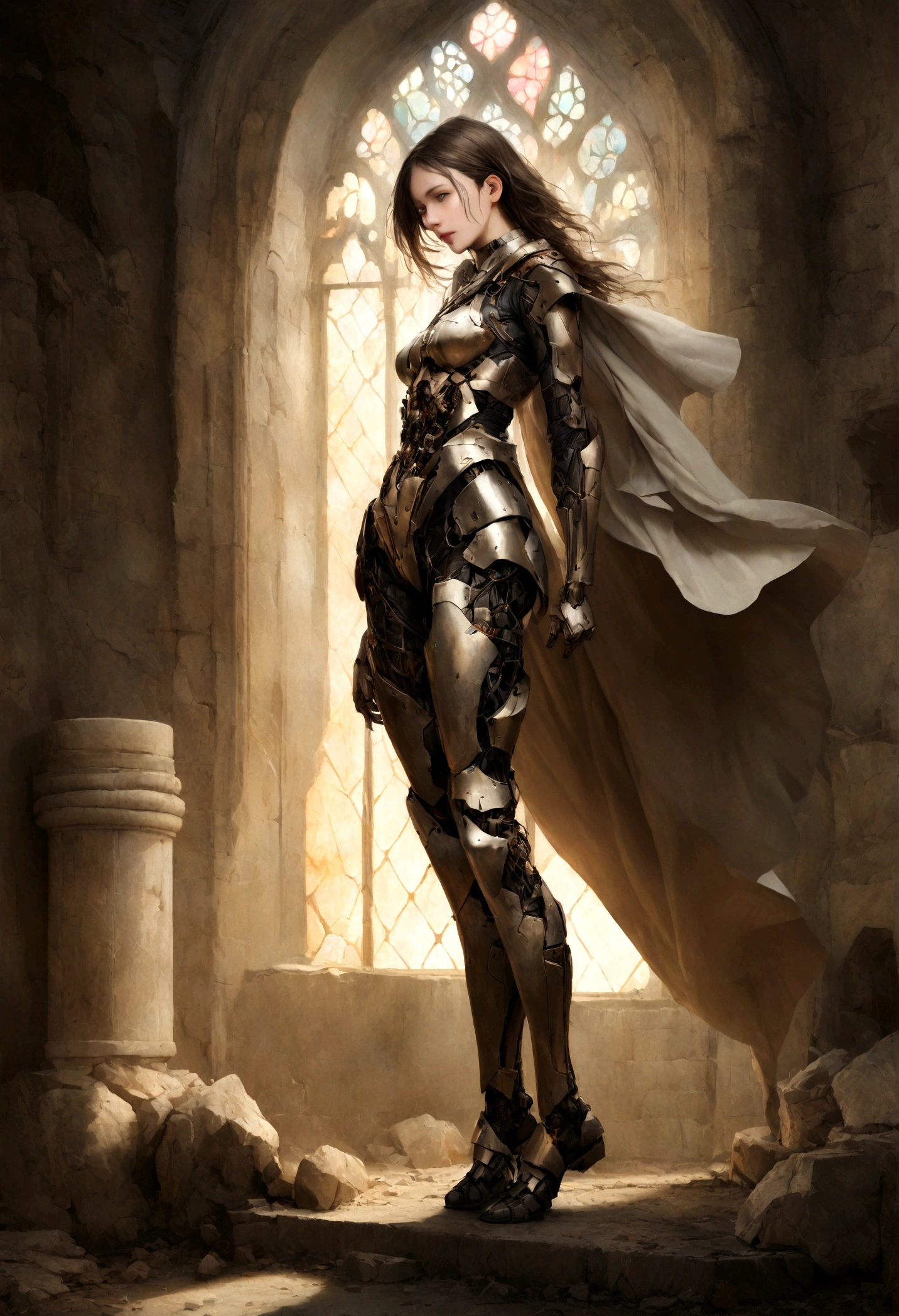 Create an image of a beautiful female cyborg warrior sitting gracefully in a post-apocalyptic setting. The cyborg has long, wavy brown hair cascading over her shoulders and wears a metallic exoskeleton armor that intricately combines futuristic technology with medieval design elements. The armor covers her arms, torso, and legs, leaving parts of her natural skin visible. She is posed against the backdrop of a ruined cathedral, with broken arches and large, circular stained glass windows casting soft, diffused light. The atmosphere is filled with a hazy, ethereal glow, and the overall color palette features muted earth tones with metallic accents. The expression on her face is calm and confident, and the details of the scene are rendered with a high level of realism. Distant full body view, ultra realistic photo, 16k, vibrant colors