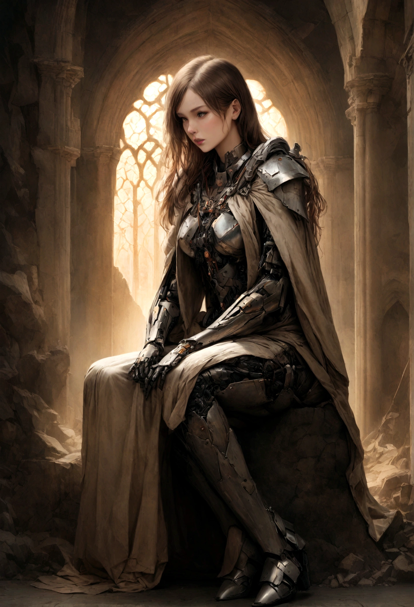 Create an image of a beautiful female cyborg warrior sitting gracefully in a post-apocalyptic setting. The cyborg has long, wavy brown hair cascading over her shoulders and wears a metallic exoskeleton armor that intricately combines futuristic technology with medieval design elements. The armor covers her arms, torso, and legs, leaving parts of her natural skin visible. She is posed against the backdrop of a ruined cathedral, with broken arches and large, circular stained glass windows casting soft, diffused light. The atmosphere is filled with a hazy, ethereal glow, and the overall color palette features muted earth tones with metallic accents. The expression on her face is calm and confident, and the details of the scene are rendered with a high level of realism. Distant full body view, ultra realistic photo, 16k, vibrant colors