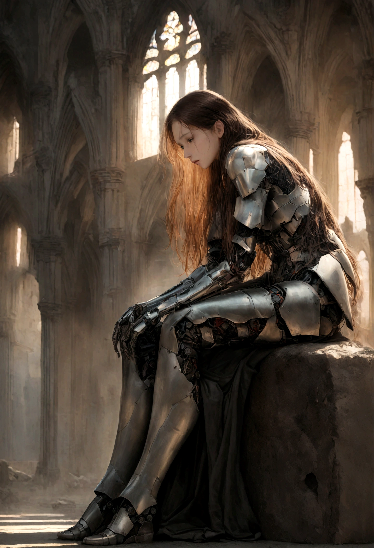 Create an image of a beautiful female cyborg warrior sitting gracefully in a post-apocalyptic setting. The cyborg has long, wavy brown hair cascading over her shoulders and wears a metallic exoskeleton armor that intricately combines futuristic technology with medieval design elements. The armor covers her arms, torso, and legs, leaving parts of her natural skin visible. She is posed against the backdrop of a ruined cathedral, with broken arches and large, circular stained glass windows casting soft, diffused light. The atmosphere is filled with a hazy, ethereal glow, and the overall color palette features muted earth tones with metallic accents. The expression on her face is calm and confident, and the details of the scene are rendered with a high level of realism. Distant full body view, ultra realistic photo, 16k, vibrant colors