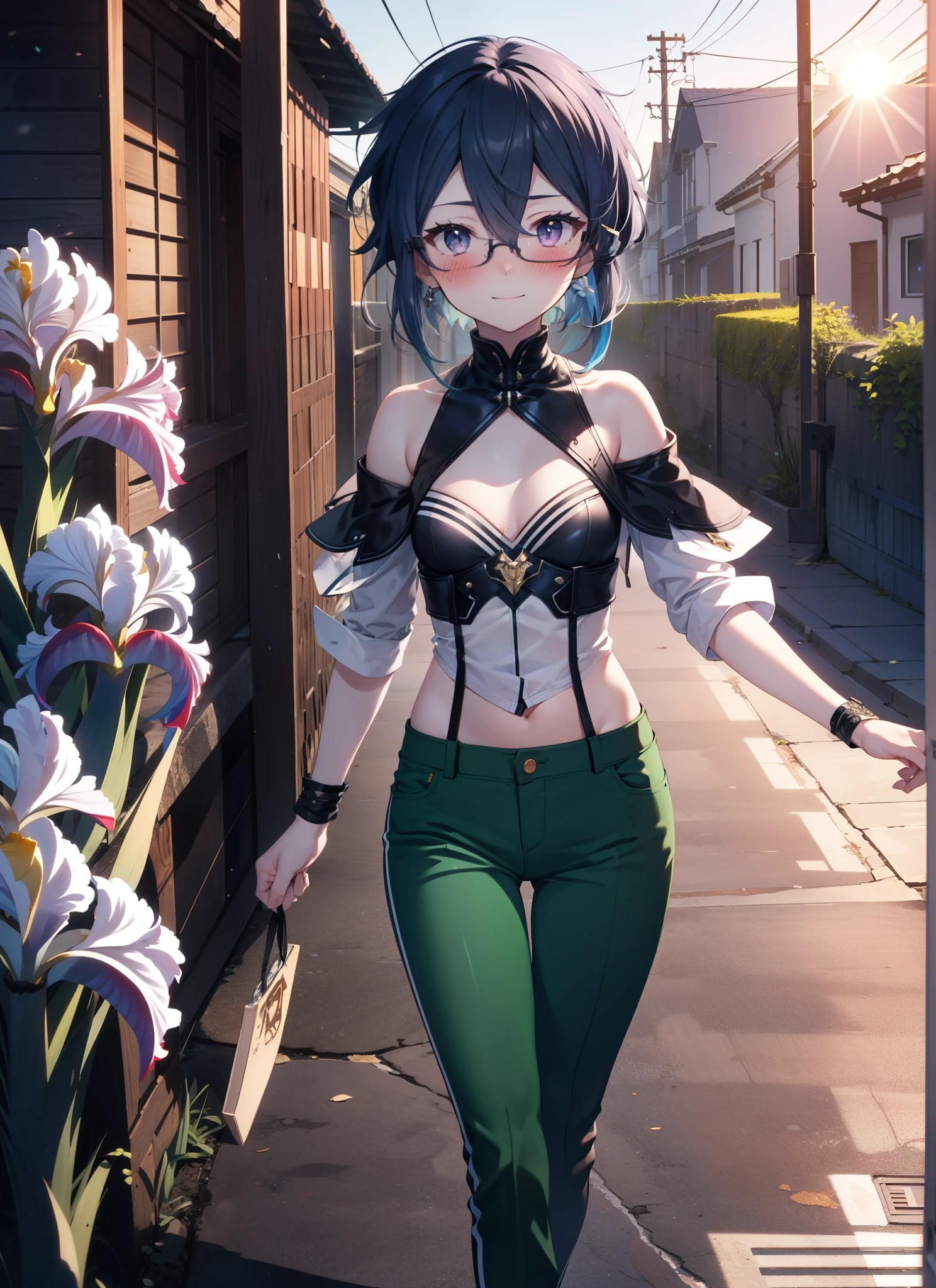 chino asada, Shino Asada, (Iris:1.5), Black Hair, Hair between the eyes, short hair, Side Lock, Glasses, (Small breasts:1.2),smile,blush,Green cold shoulder top,skinny pants,Stiletto heels,morning,morning陽,The sun is rising,Walking,whole bodyがイラストに入るように,
break looking at viewer,whole body,
break outdoors, Building district,
break (masterpiece:1.2), highest quality, High resolution, unity 8k wallpaper, (figure:0.8), (Beautiful fine details:1.6), Highly detailed face, Perfect lighting, Highly detailed CG, (Perfect hands, Perfect Anatomy),