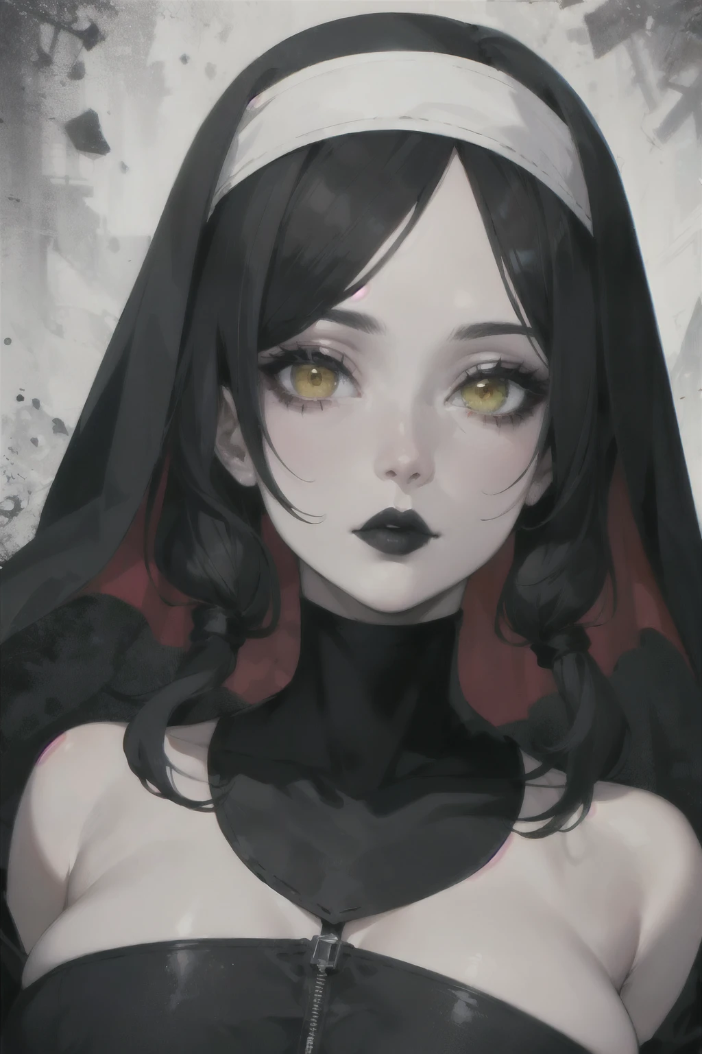 beautiful, (masterpiece:1.2), (best quality:1.2), perfect lighting, perfect eyes, perfect face, 1girl, portrait, mature female, long black hair, parted hair, yellow eyes, pale skin, nun's habit, black metal makeup, black lips, eerie atmosphere, solo, head tilt, black leather bodysuit, skin tight, belts, darkness, staring, corpse paint, skull maskeup, lineart, manga, junji ito style,