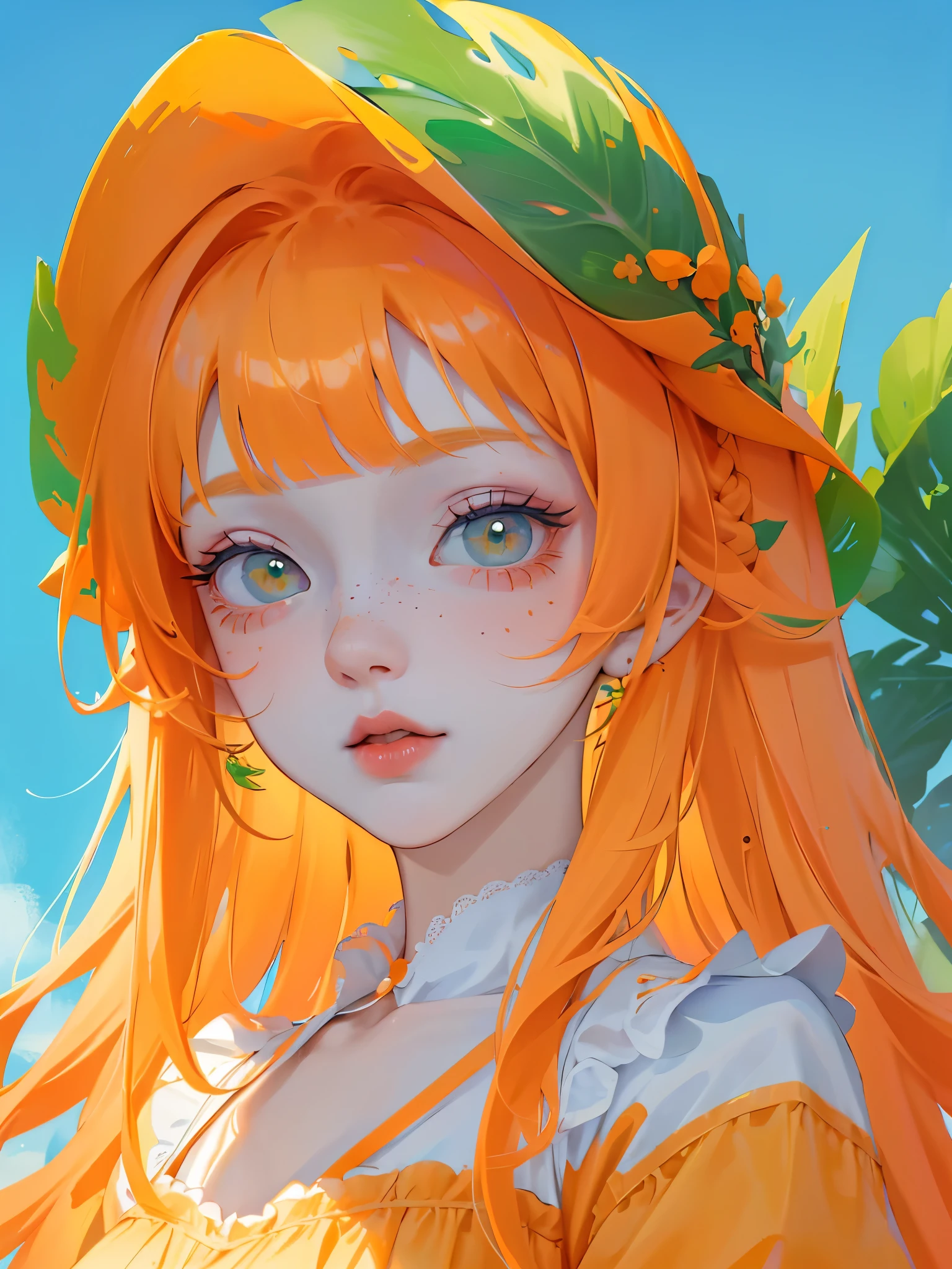 ((best quality)), ((masterpiece)), (detailed), 1 girl, white woman, orange hair, big bright green eyes, freckles on face, long straight orange hair with red gradient down, orange bangs on the forehead, cute lolita fashion dress, in the middle of nature, cute anime animation style