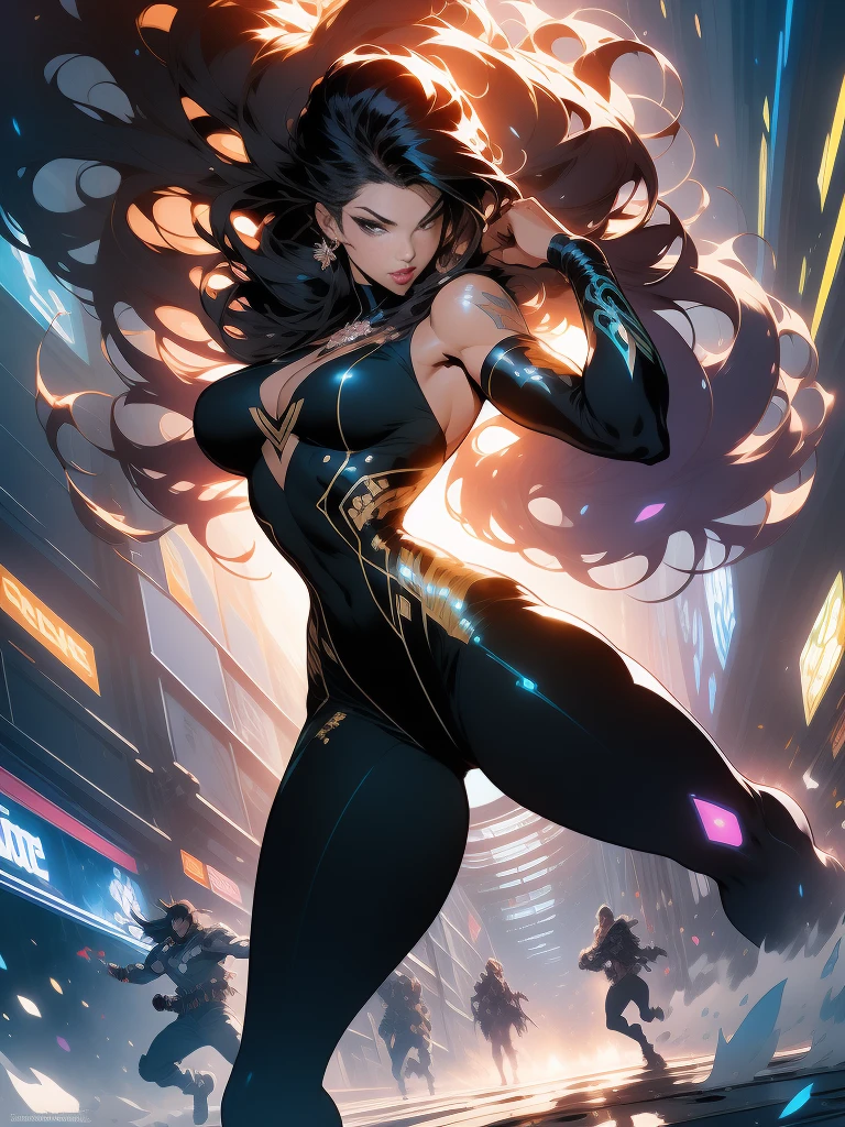 ::Kennedy and Daniel Sampere::2.0 Anime Gacha illustration style, tatoon style, comic book style, , beautiful woman with ultra detailed long hair and in various full-body attack poses, (beautiful and clear background: 1.2),futuristic costume, super detailed circular metals Clinging to the arms and pants, fantastic paintings, graffiti style, flowers, highly detailed eyes, a t-shirt or dress with a white blouse underneath,  With both fists in fighting position, and bracelets, fighting an enemy, with long black hair, stained glass, outside, vibrant, Alphonse Mucha style, fantastic paintings by Joe Madureira, high quality, art, beautiful woman with long black hair, freedom, soul, digital illustration, comic style, perfect anatomy, centered, approaching perfection, dynamic, highly detailed, HDR colors