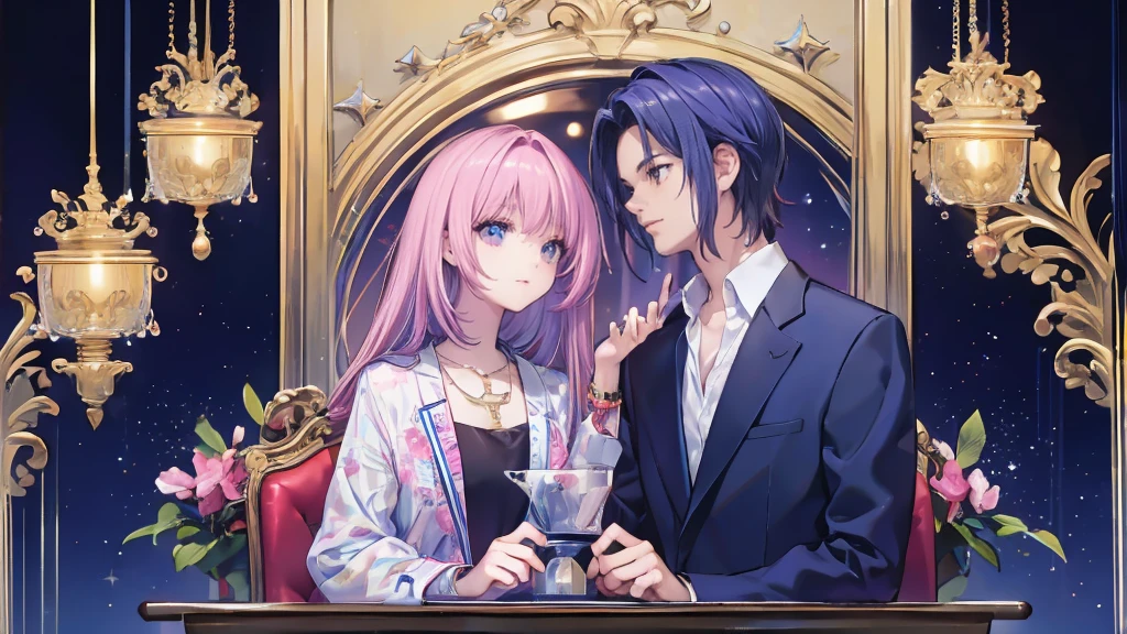 20 people, close-up, eyes closed and mouths wide open, smiling, very cheerful and attractive men, spiky hair on top, long hair at the nape, blouse and open-neck shirt, tailored jacket, V-neck shirt, prince-like outfit, necklace, ring, bracelet, luxury watch, flashy men, group of cool men, chandelier, glittering club, colorful neon lights, spotlight, mirror ball, glittering male host. They are men around 30 years old. They exude adult sexiness. It's a very flashy club, it feels like a party venue, and they are very handsome and handsome. They are dressed in a flashy way.
They are wearing sparkly accessories. Black hair, brown hair, pink hair, magenta hair, light blue hair, green hair, blue hair, purple hair.