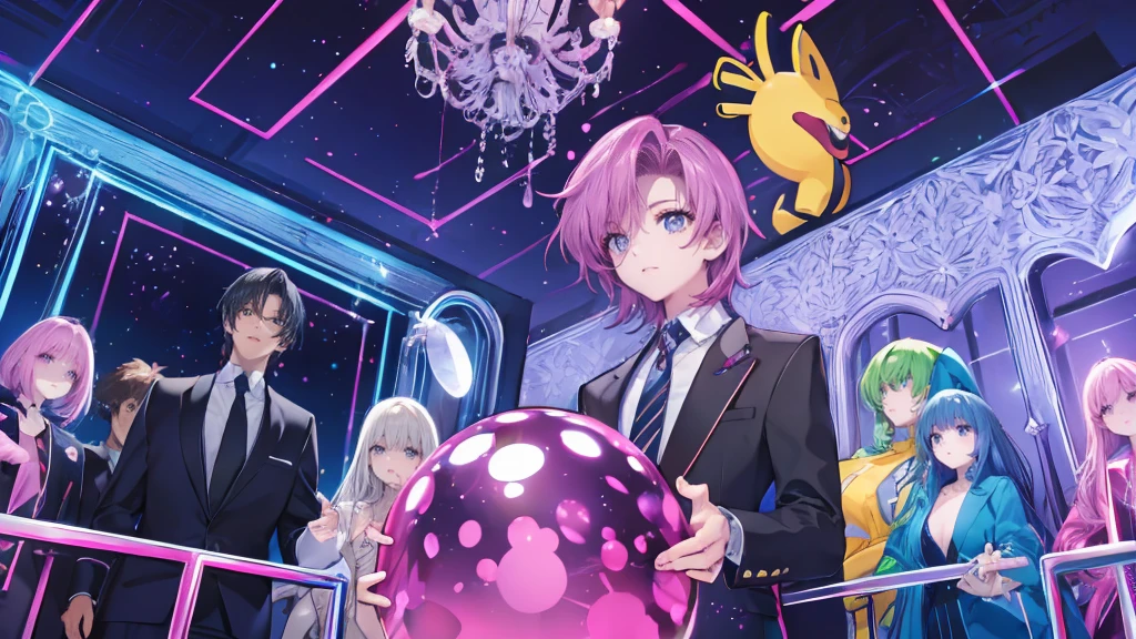 20 people, close-up, eyes closed and mouths wide open, smiling, very cheerful and attractive men, spiky hair on top, long hair at the nape, blouse and open-neck shirt, tailored jacket, V-neck shirt, prince-like outfit, necklace, ring, bracelet, luxury watch, flashy men, group of cool men, chandelier, glittering club, colorful neon lights, spotlight, mirror ball, glittering male host. They are men around 30 years old. They exude adult sexiness. It's a very flashy club, it feels like a party venue, and they are very handsome and handsome. They are dressed in a flashy way.
They are wearing sparkly accessories. Black hair, brown hair, pink hair, magenta hair, light blue hair, green hair, blue hair, purple hair.