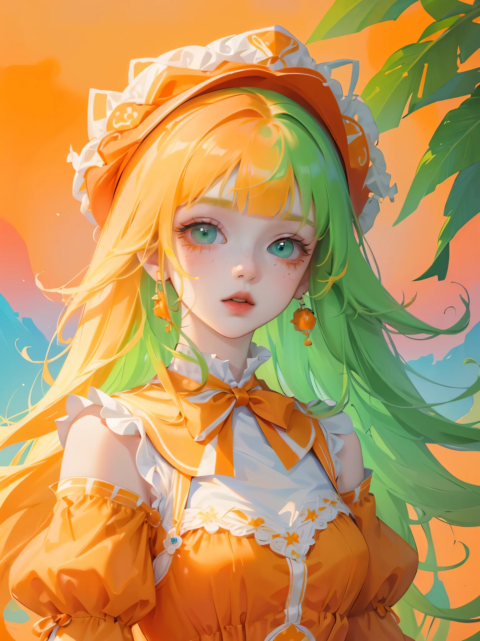 ((best quality)), ((masterpiece)), (detailed), 1 girl, white woman, orange hair, big bright green eyes, freckles on face, long straight orange hair with red gradient down, orange bangs on the forehead, cute lolita fashion dress, in the middle of nature, cute anime animation style