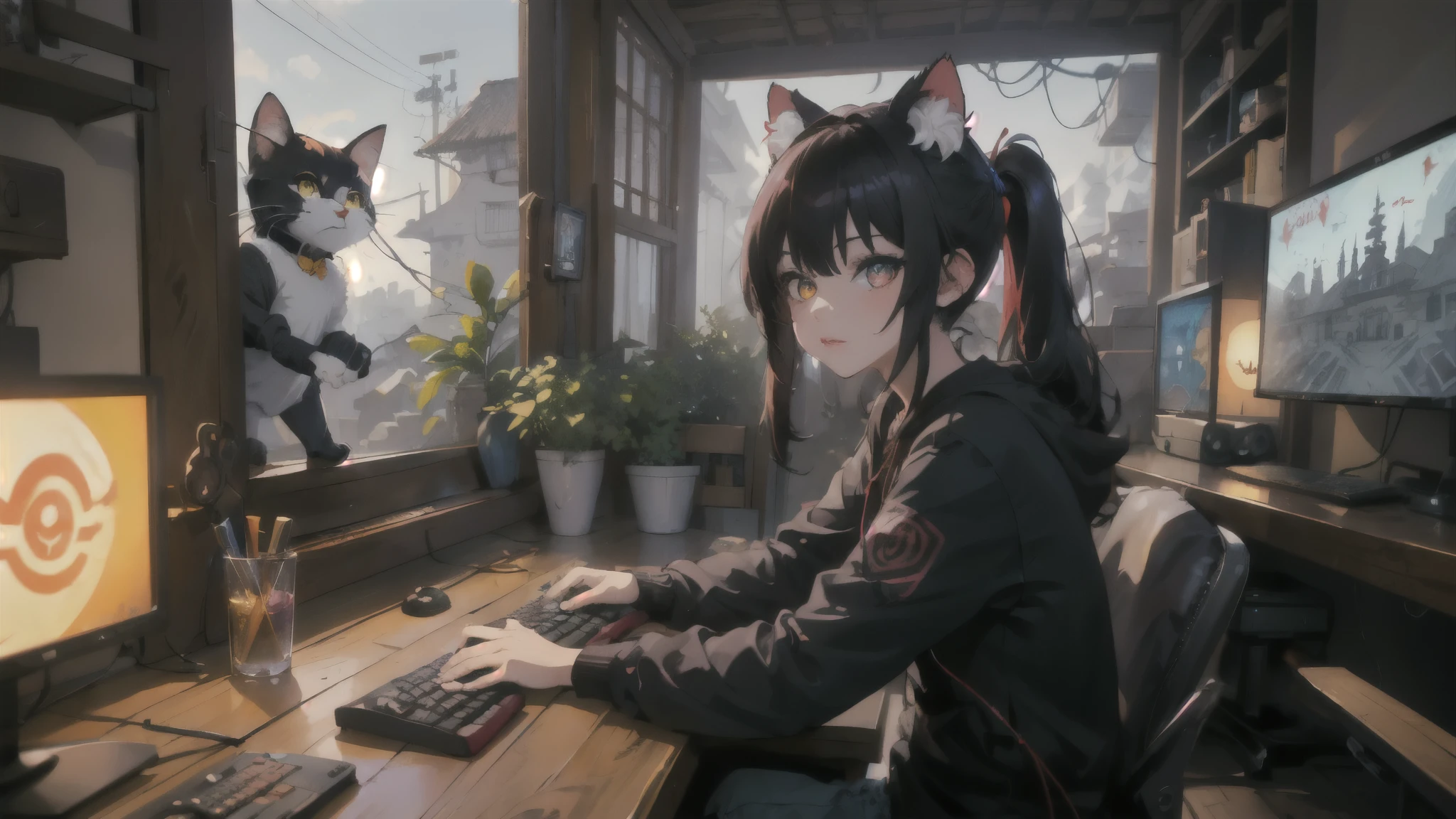 (junkotvv, pelo negro, flequillo, ((orejas de gato)), ojos rojos), in the foreground a villager is using a gaming computadora inside a peasant house,campesinos vistiendo ropa renacentista,Estilo Dur3r,(gaming computadora monitor, teclado (computadora), cables, juegos rgb),caballos,castillo en la distancia,(orejas de gato)