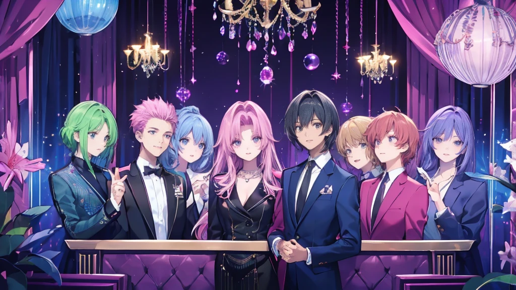 20 people, close-up, eyes closed and mouths wide open, smiling, very cheerful and attractive men, spiky hair on top, long hair at the nape, blouse and open-neck shirt, tailored jacket, V-neck shirt, prince-like outfit, necklace, ring, bracelet, luxury watch, flashy men, group of cool men, chandelier, glittering club, colorful neon lights, spotlight, mirror ball, glittering male host. They are men around 30 years old. They exude adult sexiness. It's a very flashy club, it feels like a party venue, and they are very handsome and handsome. They are dressed in a flashy way.
They are wearing sparkly accessories. Black hair, brown hair, pink hair, magenta hair, light blue hair, green hair, blue hair, purple hair.
