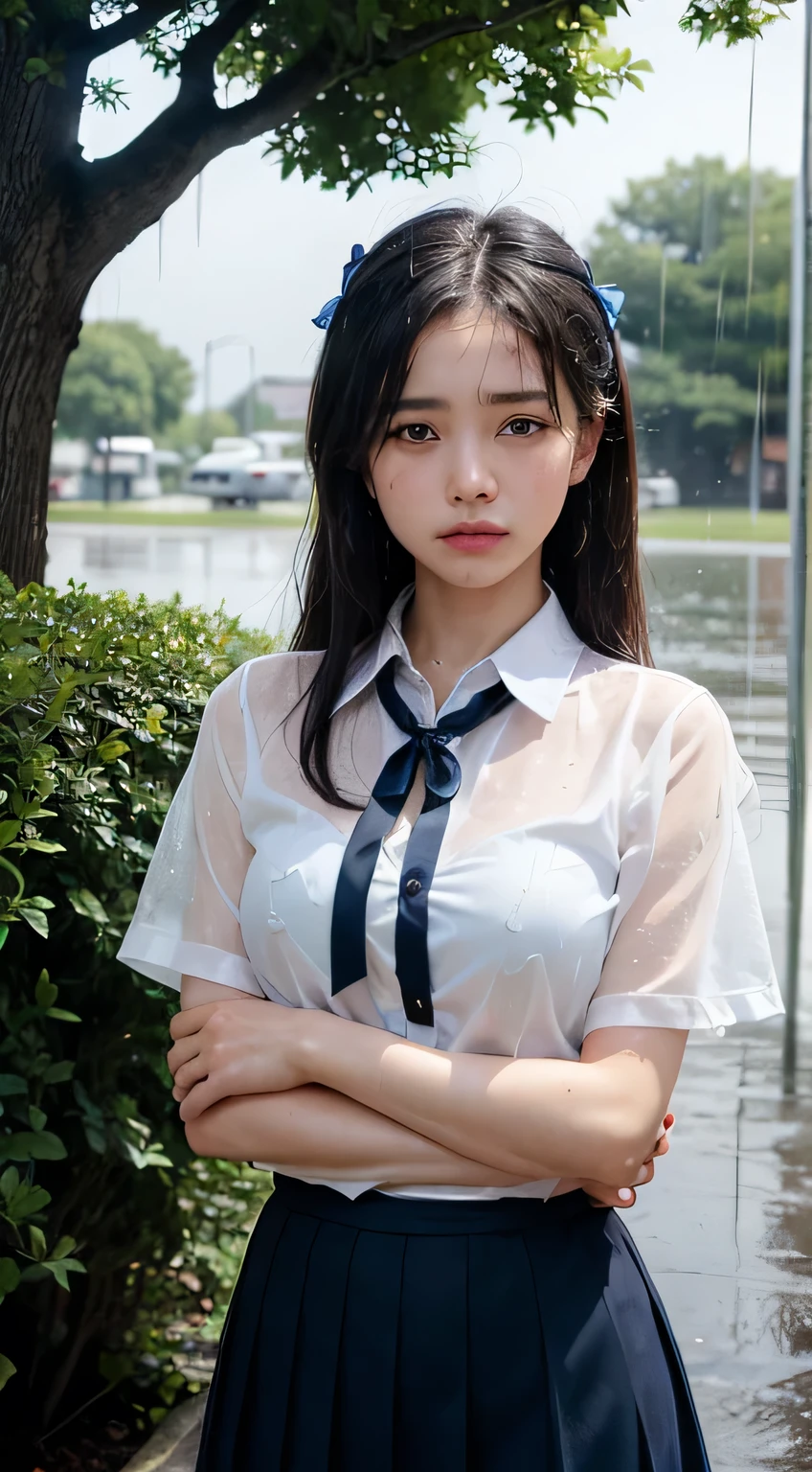 (masterpiece, highest quality:1.2), 8k, years, 85mm, Official Art, RAW Photos, Absurd、((Under a big tree in a natural park:1.4))、((Rainfall:1.4))、((Dark rainy sky in the evening:1.4))、Pretty face, close, ((Cowboy Shot:1.4))、Beautiful girl with straight medium long hair,(((High Scirl Uniform 1.4)))、(((White short sleeve low cut button front shirt、Dark blue ribbon:1.5)))、((White shirt:1.4))、((Ultra micro mini dark blue pleated skirt)) Squeeze the waist, Thighs, Short sleeve, Model pose、View your viewers, No makeup, (smile:0.4), Film Grain, chromatic aberration, Sharp focus, Face Light, Bright lighting, Teen, Detailed face, Bokeh Background、((Blouse wet in the rain))、(Bra is sheer)、((Sad look:1.7))、