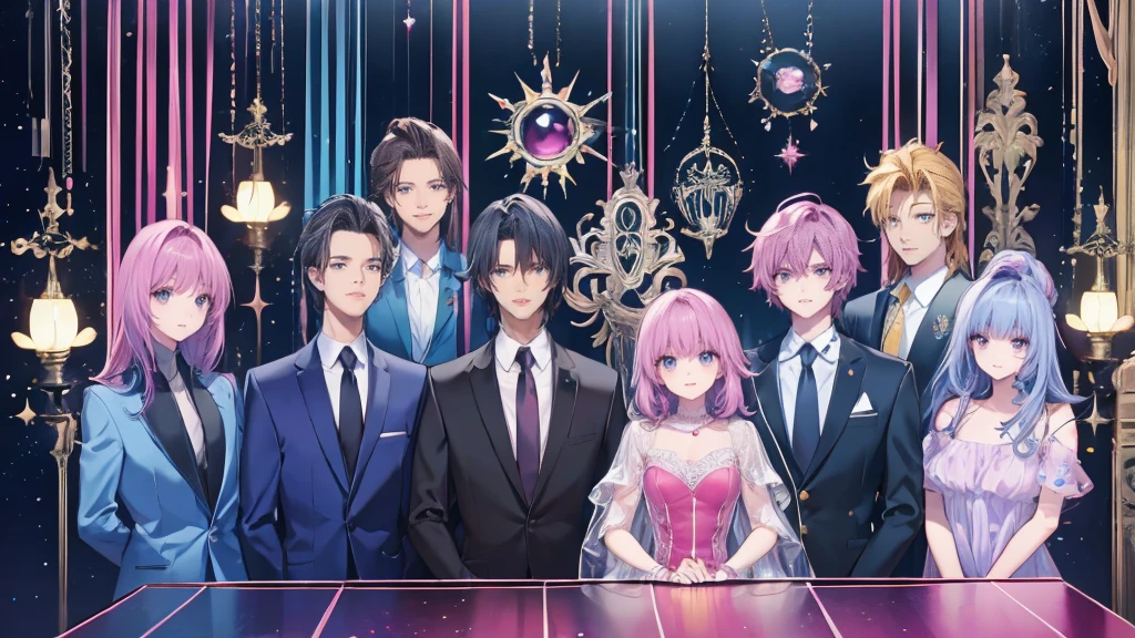 20 people, close-up, eyes closed and mouths wide open, smiling, very cheerful and attractive men, spiky hair on top, long hair at the nape, blouse and open-neck shirt, tailored jacket, V-neck shirt, prince-like outfit, necklace, ring, bracelet, luxury watch, flashy men, group of cool men, chandelier, glittering club, colorful neon lights, spotlight, mirror ball, glittering male host. They are men around 30 years old. They exude adult sexiness. It's a very flashy club, it feels like a party venue, and they are very handsome and handsome. They are dressed in a flashy way.
They are wearing sparkly accessories. Black hair, brown hair, pink hair, magenta hair, light blue hair, green hair, blue hair, purple hair.