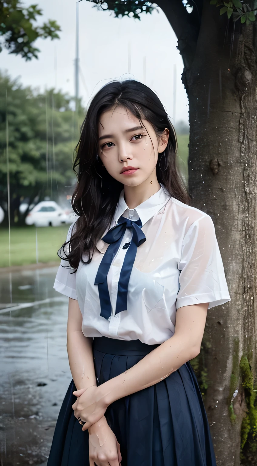 (masterpiece, highest quality:1.2), 8k, 15 years, 85mm, Official Art, RAW Photos, Absurd、((Under a big tree in a natural park:1.4))、((Rainfall:1.4))、((Dark rainy sky in the evening:1.4))、Pretty face, close, ((Cowboy Shot:1.4))、Beautiful girl with straight medium long hair,(((High School Girl Uniform 1.4)))、(((White short sleeve low cut button front shirt、Dark blue ribbon:1.5)))、((White shirt:1.4))、((Ultra micro mini dark blue pleated skirt)) Squeeze the waist, Thighs, Short sleeve, Model pose、View your viewers, No makeup, (smile:0.4), Film Grain, chromatic aberration, Sharp focus, Face Light, Bright lighting, , Detailed face, Bokeh Background、((Blouse wet in the rain))、(Bra is sheer)、((Sad look:1.7))、