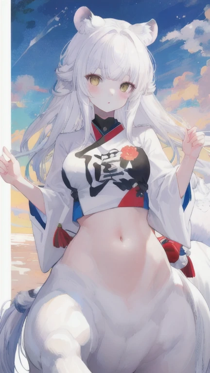 (best quality, masterpiece), 1 girl, centaur, It takes, White skin, Japanese , exposing the abdomen,belly button t-shirt, 아름다운 소녀 perfect white tiger photo, perfect white tiger photo