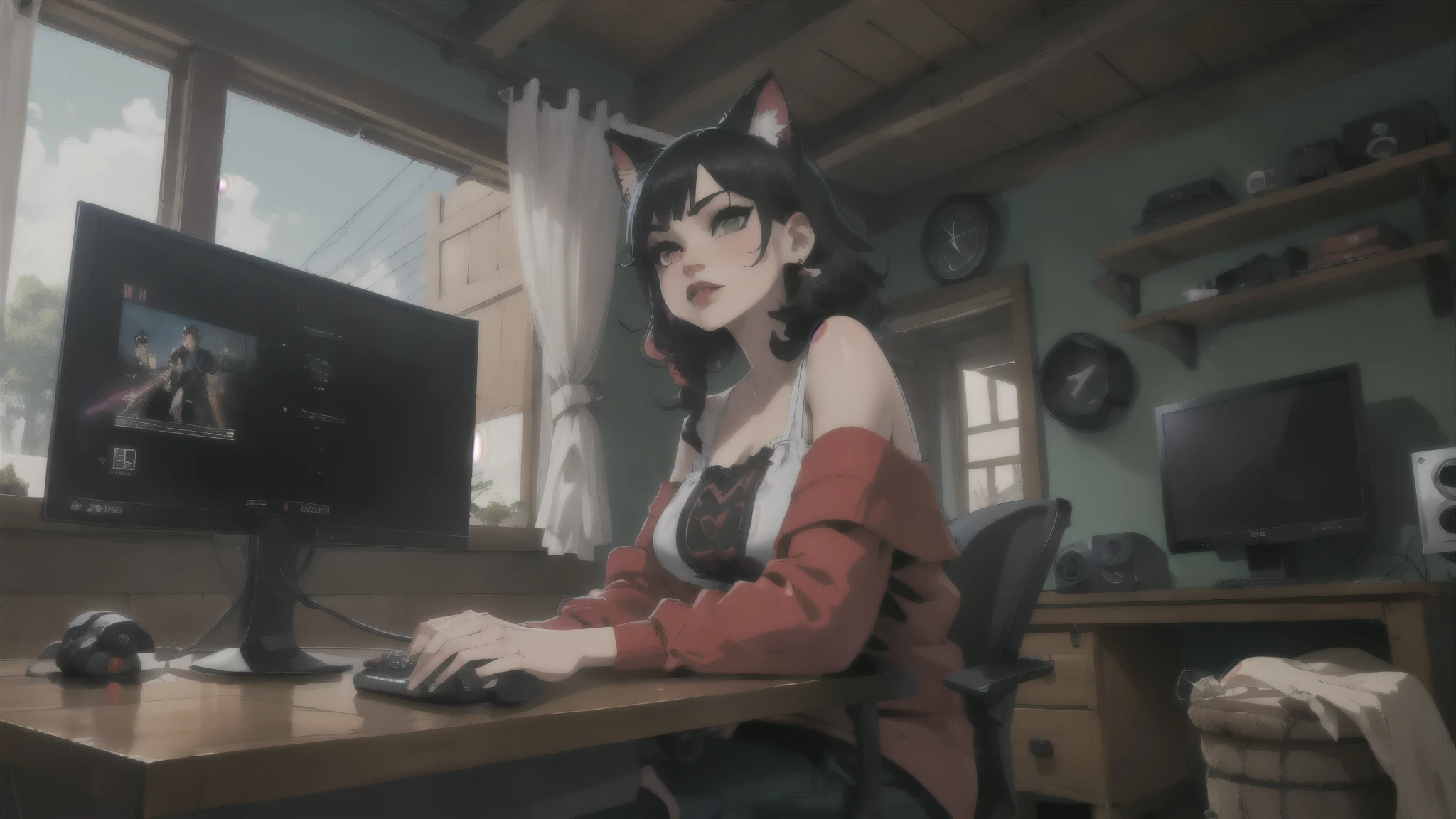 (junkotvv, pelo negro, flequillo, ((orejas de gato)), ojos rojos), in the foreground a villager is using a gaming computadora inside a peasant house,campesinos vistiendo ropa renacentista,Estilo Dur3r,(gaming computadora monitor, teclado (computadora), cables, juegos rgb),caballos,castillo en la distancia,(orejas de gato)