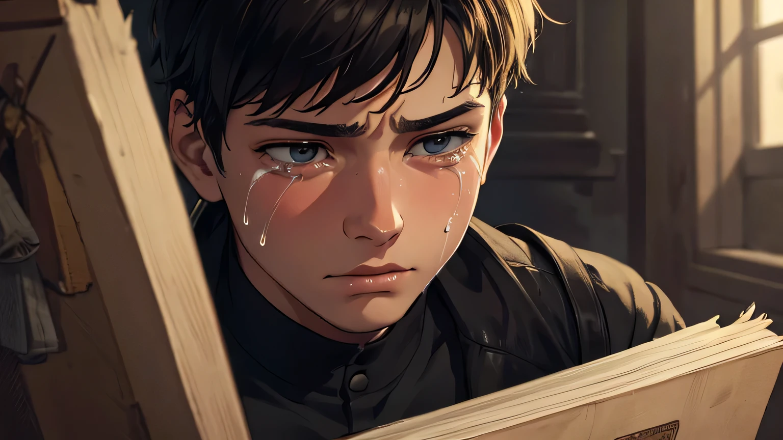 a sad young boy crying while holding a book, detailed facial features, tears in eyes, emotional expression, intricate details, dramatic lighting, muted color palette, cinematic composition, oil painting, masterpiece, photorealistic, high resolution, 8k