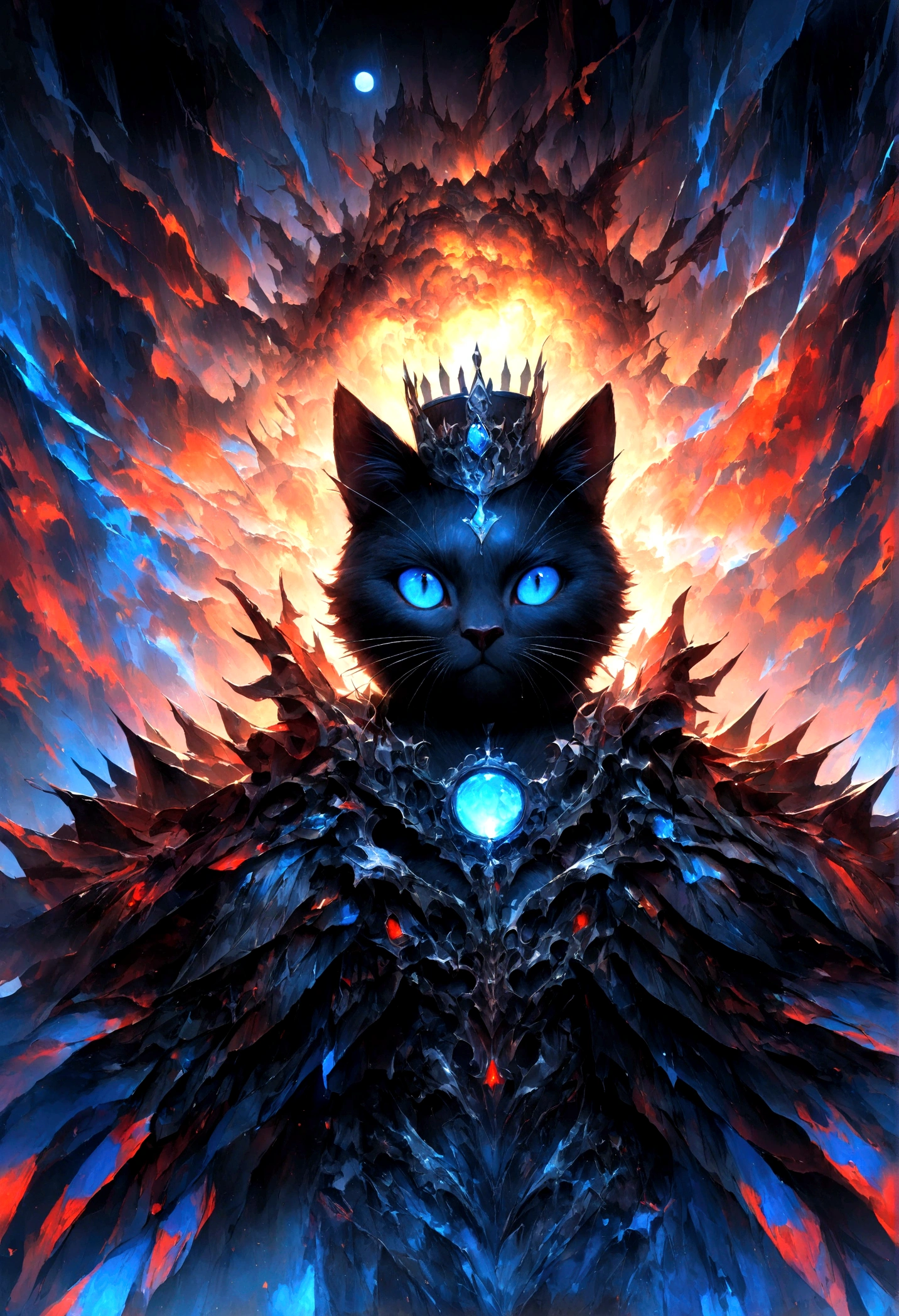 humain、femme blanche、Couronne noire,  aux yeux bleus、aussi々Funny head、beau、lune bleue、Beaucoup de light bleue，Enhanced facial close-up，Ambilight，Les couleurs sont vives et lumineuses，Fond noir，brume，detailed representation，Rich details，Explosion d&#39;imagination，Surrealist，Ultra-realistic，chef-d&#39;artwork，8k，light，Effet Tyndall