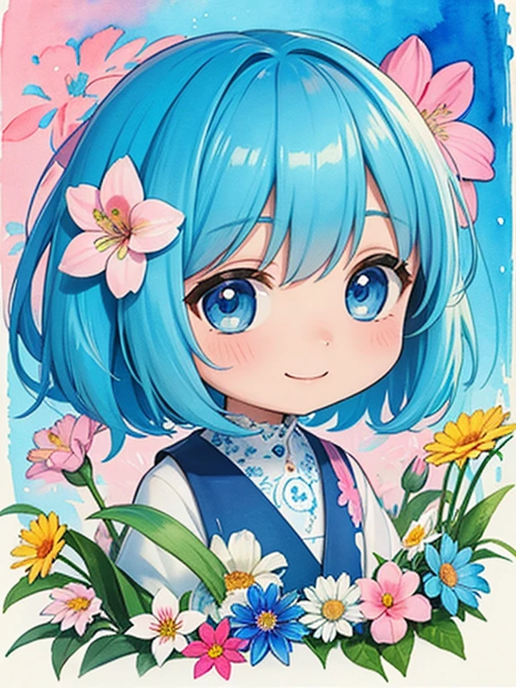 blue hair, blue eyes,Momoko Sakura style、8K Quality、Intense watercolor, Detailed watercolor art, Watercolor splash, Surreal, avant-garde pop art, Beautiful and expressive paintings, Beautiful artwork illustration, Very colorful tones, wonderful, Cool beauty, highest quality、Official Art, Vector art, Stylish design, ((The most beautiful girl of all time)), (((chibi))), (((highest quality))), HDR, ((detailed)), (((Doodle Art)), ((masterpiece)), ((Super detailed)), (((Colorful flowers))),(((cute old man))) ,smile ,shy