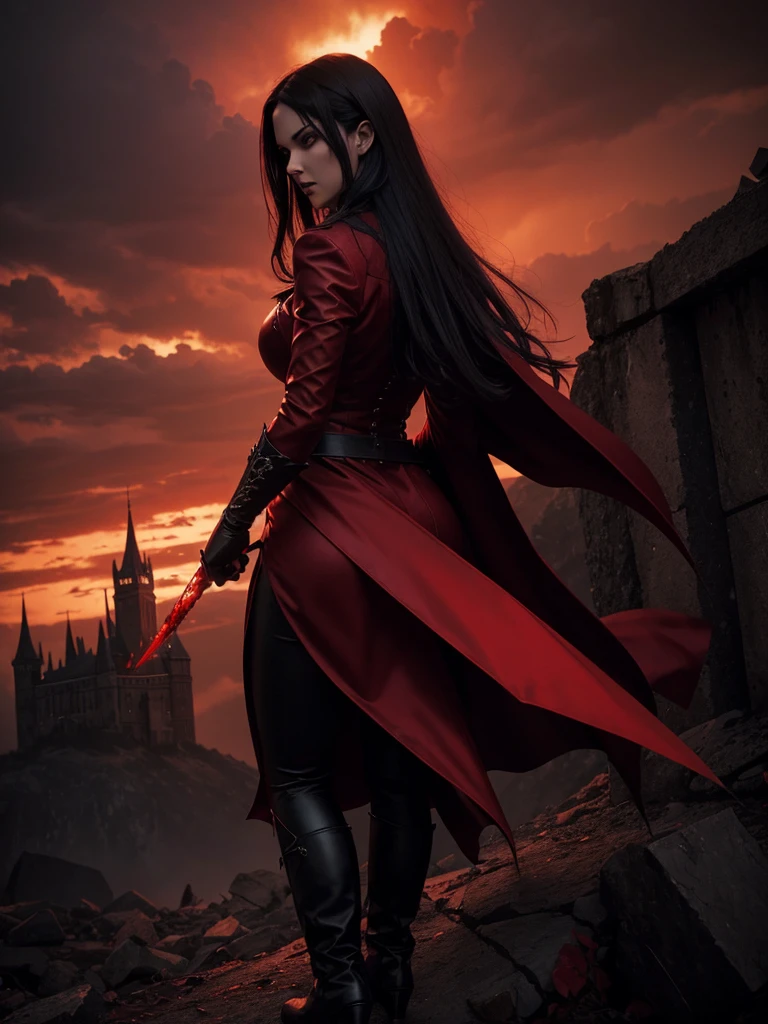 A dark-haired woman in a red suit, powerful demonic energy, slashing blades, blood-red sky, gothic castle, hellfire, supernatural atmosphere, cinematic lighting, hyperrealistic, dark fantasy, dramatic chiaroscuro, dramatic HDR, hyper-detailed