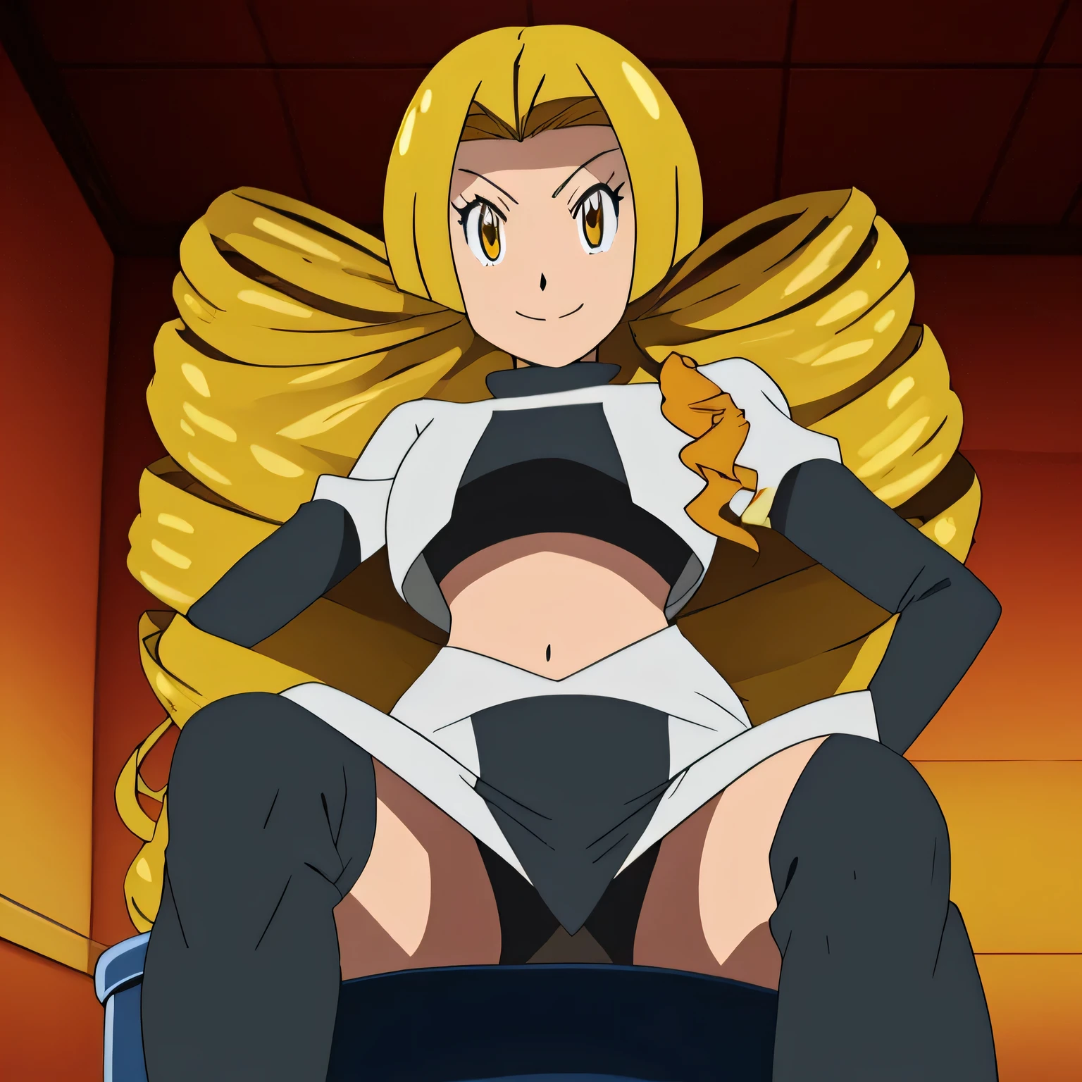 masterpiece,best quality,high res,high quality,8k, masterpiece,highres, team rocket uniform, red letter r, white skirt,white crop top,black thigh-high boots, black elbow gloves,seductive smile, looking down at viewer, hands on hips, cowboy shot, zettai ryouiki,sitting on toilet.spread legs,from below, black panties,anime art style,detailed facial features, highly detailed, 8k, photorealistic, vibrant colors, dramatic lighting, cinematic composition,Mariabell Crois,yellow hair, drill hair, twin drills, (long hair:1.1), very long hair,, hair ornament, orange eyes