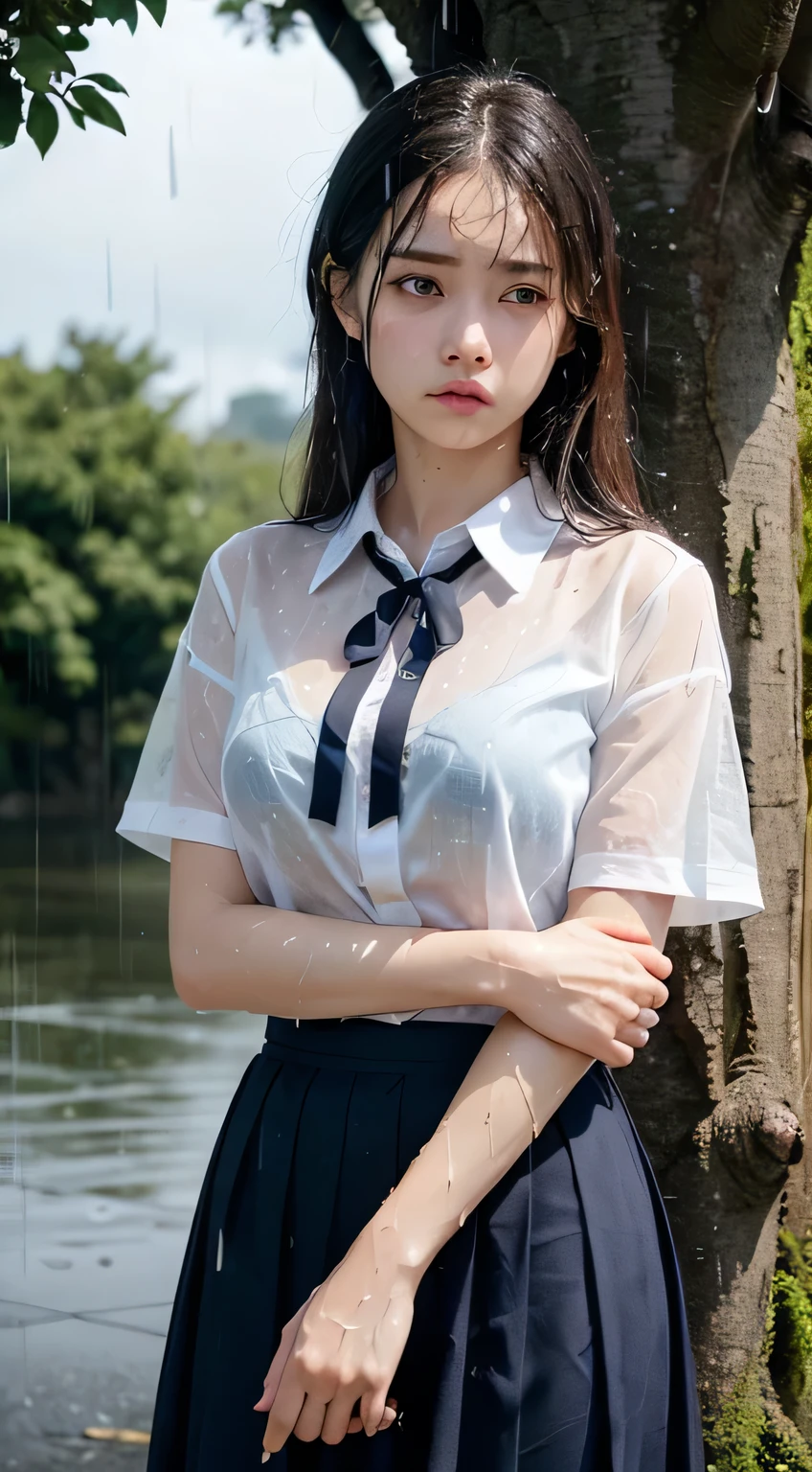 (masterpiece, highest quality:1.2), 8k, 15 years, 85mm, Official Art, RAW Photos, Absurd、((Under a big tree in a natural park:1.4))、((Rainfall:1.4))、((Dark rainy sky in the evening:1.4))、Pretty face, close, ((Cowboy Shot:1.4))、Beautiful girl with straight medium long hair,(((High School Girl Uniform 1.4)))、(((White short sleeve low cut button front shirt、Dark blue ribbon:1.5)))、((White shirt:1.4))、((Ultra micro mini dark blue pleated skirt)) Squeeze the waist, Thighs, Short sleeve, Model pose、View your viewers, No makeup, (smile:0.4), Film Grain, chromatic aberration, Sharp focus, Face Light, Bright lighting, , Detailed face, Bokeh Background、((Blouse wet in the rain))、(Bra is sheer)、((Sad look:1.7))、