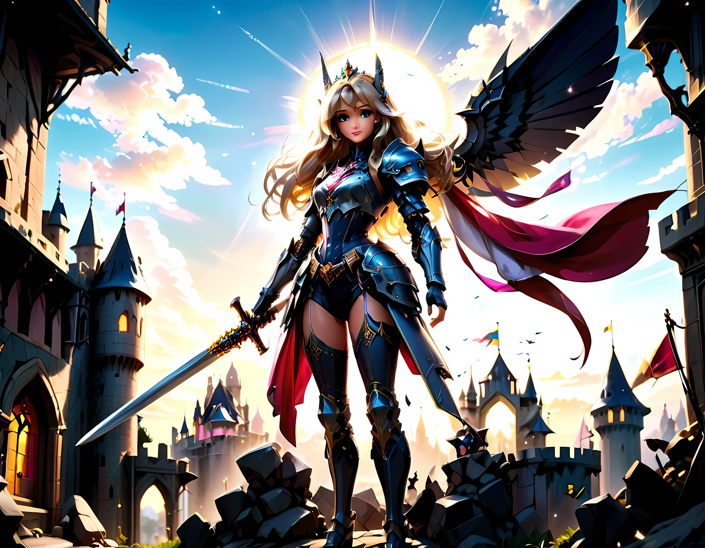 16k, ultra detailed, masterpiece, best quality, (extremely detailed), arafed, dnd art, panoramic view, full body, ((Barbie: 1.5)) knight standing on the all of the castle as the sun rises, she is holding sword and shield, you see only the silhouette of knight, intense eyes, ultra feminine, ultra detailed face, (Masterpiece, intense details:1.5), (anatomically correct: 1.5), determined face, sky are switching day and night, the sun is rising, suns, some stars, rays of dawn, fantasy castle background, Wide-Angle, Ultra-Wide Angle, 16k, highres, best quality, faize, Sword and shield, mecha
