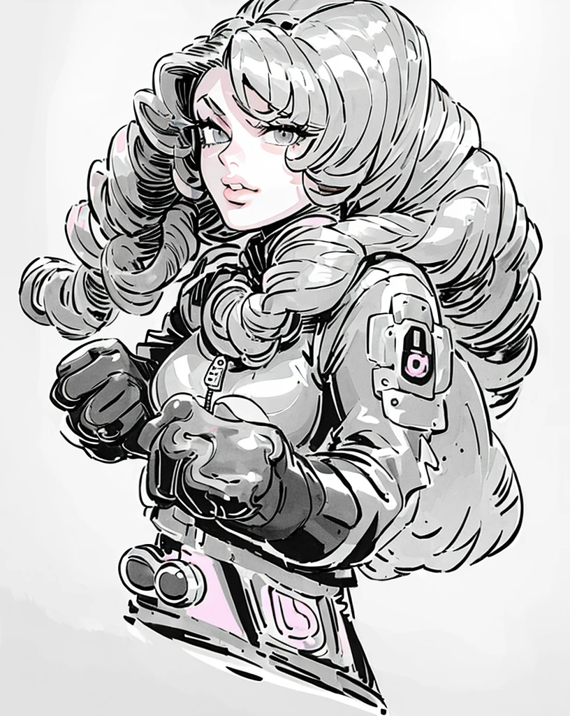 (masterpiece:1.5), (best quality:1.5),inksketch, 1girl, solo, pink gloves, gloves, blonde hair, lips, long hair, upper body, gradient background, small breasts, bodysuit, thick eyebrows, breasts, gradient, wavy hair, jacket, earrings, jewelry, grey eyes, nose, zipper, curly hair,none color