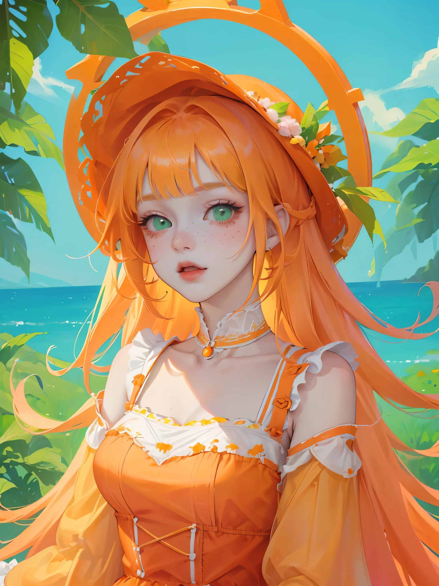 ((best quality)), ((masterpiece)), (detailed), 1 girl, white woman, orange hair, big bright green eyes, freckles on face, long straight orange hair with red gradient downwards, orange bangs on the forehead, tender pink dress with an air of lolita fashion, the woman is located in the middle of nature, cute anime animation style