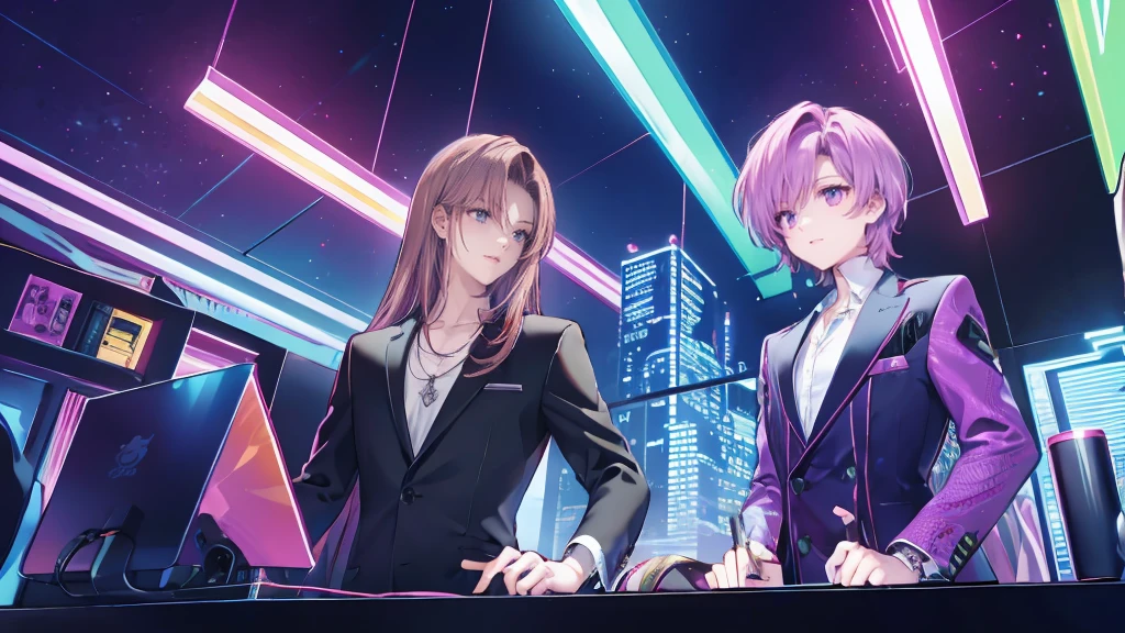 20 people, close-up, eyes closed and mouths wide open, smiling, very cheerful and attractive men, spiky hair on top, long hair at the nape, blouse and open-neck shirt, tailored jacket, V-neck shirt, prince-like outfit, necklace, ring, bracelet, luxury watch, flashy men, group of cool men, chandelier, glittering club, colorful neon lights, spotlight, mirror ball, glittering male host. They are men around 30 years old. They exude adult sexiness. It's a very flashy club, it feels like a party venue, and they are very handsome and handsome. They are dressed in a flashy way.
They are wearing sparkly accessories. Black hair, brown hair, pink hair, magenta hair, light blue hair, green hair, blue hair, purple hair.