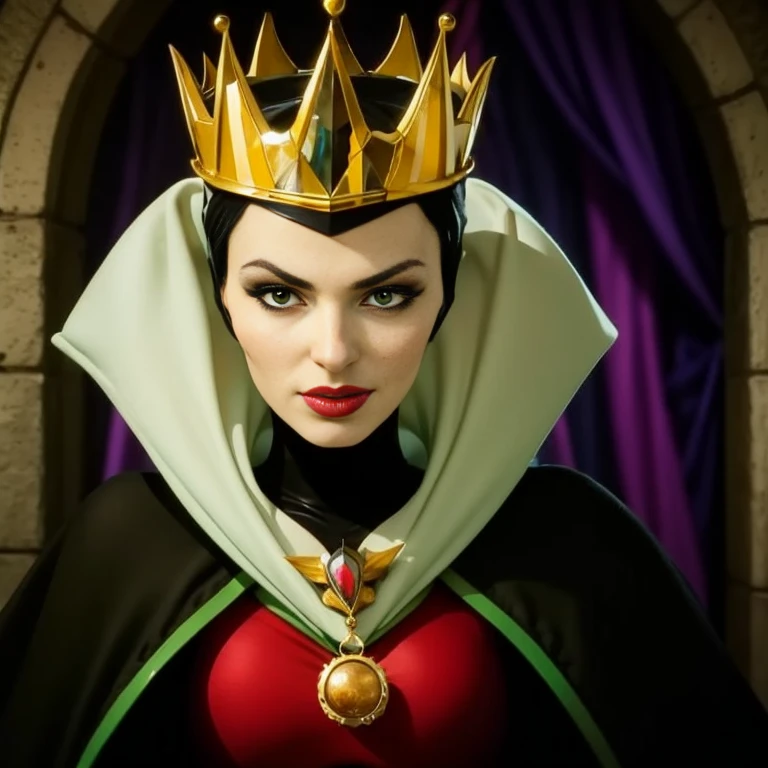 Masterpiece, best quality, detailed face, perfect eyes, Maleficent, black cowl, mirror behind her, looking at viewer, 