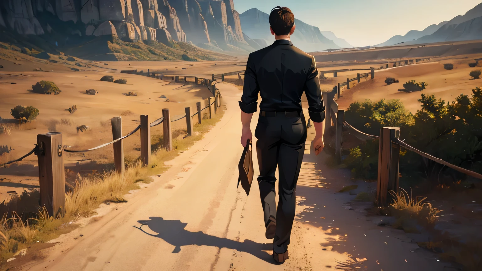 a man in a white button-down shirt and black pants, holding a bible, walking on a dirt path, view from the back, beautiful detailed face,highly detailed, cinematic lighting, dramatic shadows, warm color tones, photorealistic, masterpiece, (best quality,8k,detailed,realistic,photorealistic:1.37),dramatic lighting,vibrant colors,cinematic composition,natural setting,detailed background