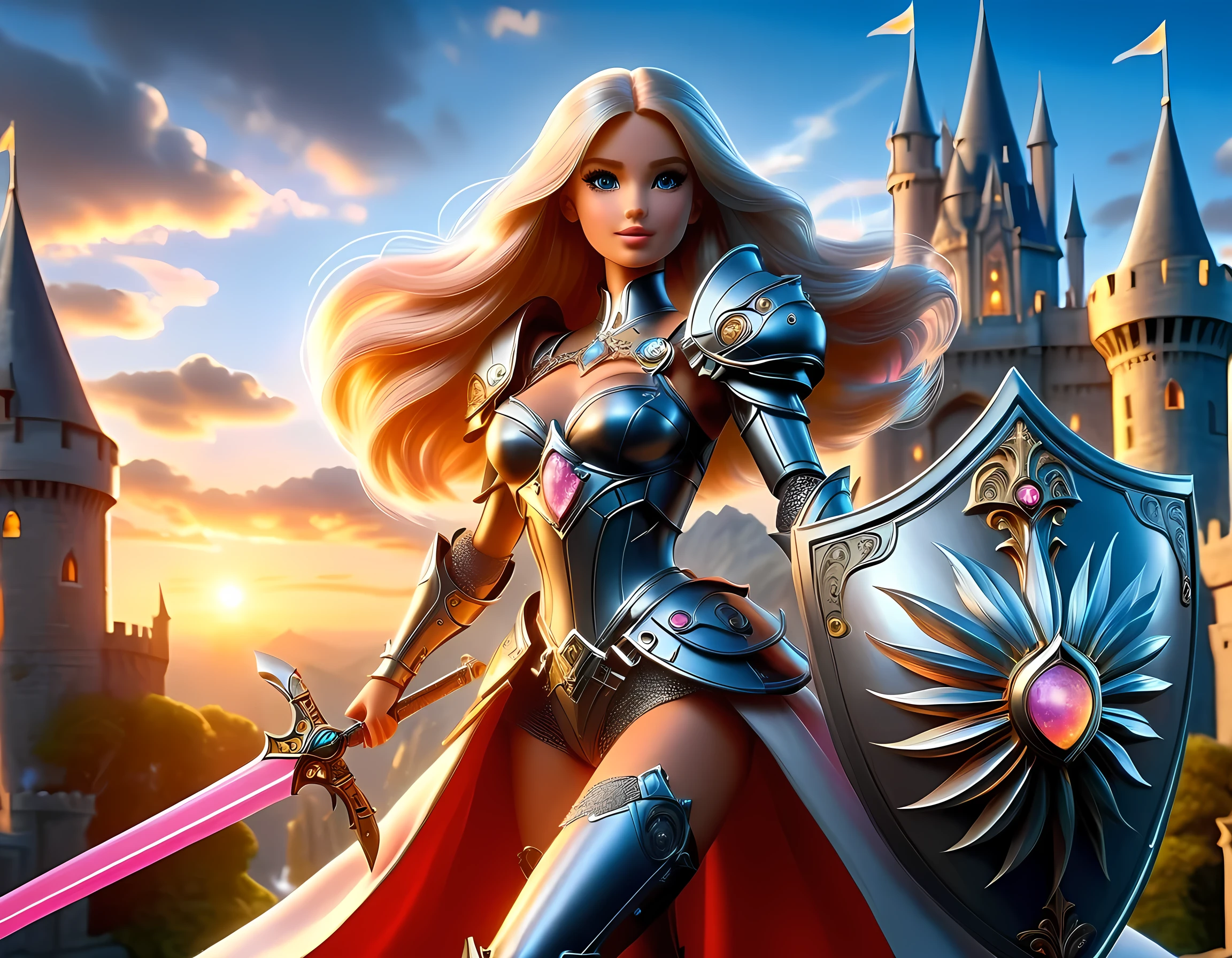 16k, ultra detailed, masterpiece, best quality, (extremely detailed), arafed, dnd art, panoramic view, full body, a single1 ((Barbie: 1.5)) knight standing on the all of the castle as the sun rises, she is holding sword and shield, you see only the silhouette of knight, intense eyes, ultra feminine, ultra detailed face, (Masterpiece, intense details:1.5), (anatomically correct: 1.5), determined face, sky are switching day and night, the sun is rising, suns, some stars, rays of dawn, fantasy castle background, Wide-Angle, Ultra-Wide Angle, 16k, highres, best quality, faize, Sword and shield, Mechanical Creatures