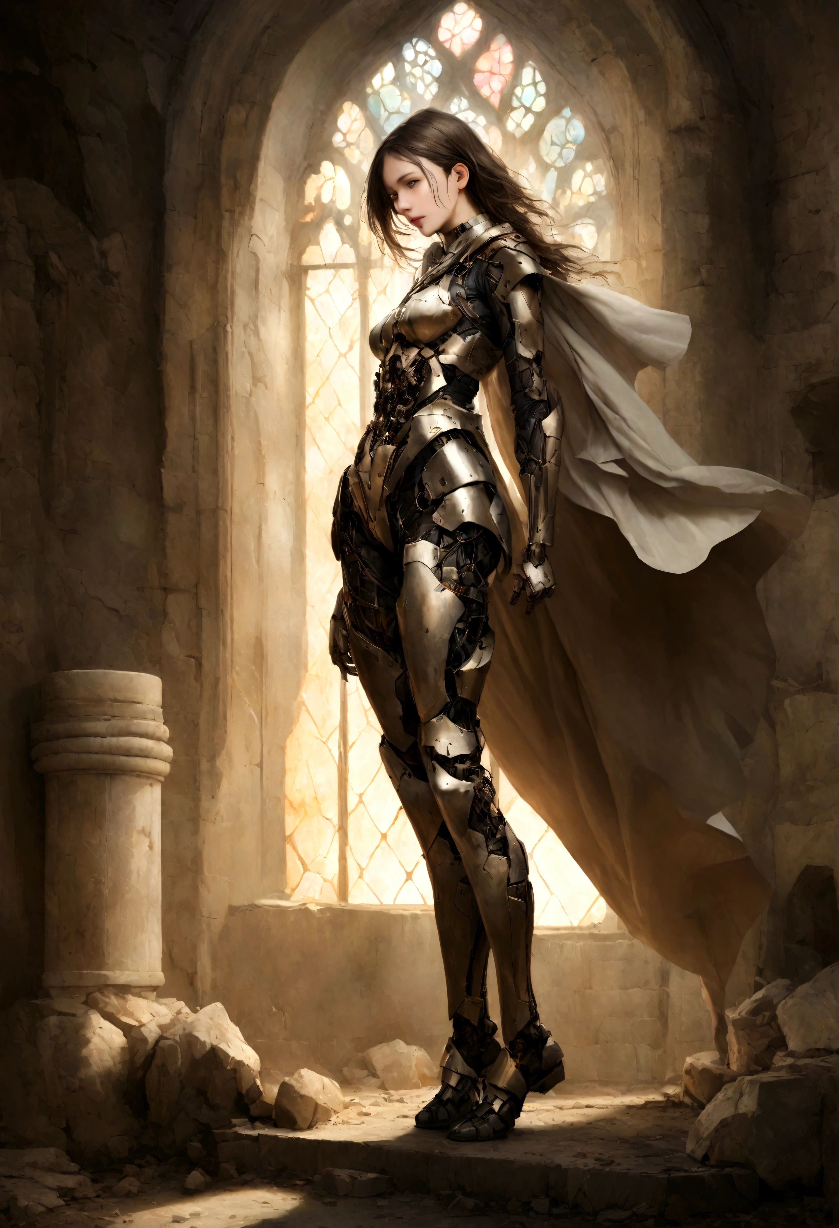 Create an image of a beautiful female cyborg warrior sitting gracefully in a post-apocalyptic setting. The cyborg has long, wavy brown hair cascading over her shoulders and wears a metallic exoskeleton armor that intricately combines futuristic technology with medieval design elements. The armor covers her arms, torso, and legs, leaving parts of her natural skin visible. She is posed against the backdrop of a ruined cathedral, with broken arches and large, circular stained glass windows casting soft, diffused light. The atmosphere is filled with a hazy, ethereal glow, and the overall color palette features muted earth tones with metallic accents. The expression on her face is calm and confident, and the details of the scene are rendered with a high level of realism. Distant full body view, ultra realistic photo, 16k, vibrant colors