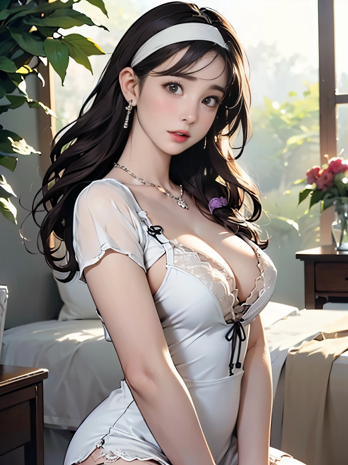 ((((highest quality))))、(((Ultra-precision CG16K wallpaper)))、(((masterpiece)))、(((Super detailed)))、(((Extreme detail)))、((１Mature 29 year old woman:1.6))、((Very beautiful Japanese faces))、((Zuo々Nozomi:1.8))、((Straight one-length semi-long hair、blunt bangs:1.5))、(Shiny brown hair)、Delicately drawn and beautiful face、Detailed eyes、Brown Eyes、eyeliner、Eyeshadow、High nose、Small nostrils、Small Mouth、Seductive lips、Beautiful breasts、((C cup size breasts))、Cleavage、Beautiful feet、eight-headed body、Perfect proportions、Perfect Anatomy、Perfect composition、Beautiful detailed shading、Beautiful, natural lighting、Beautiful detail glow、Depth of written boundary、(((High chroma)))、(((Real:1.9)))、((vivid:1.5))、((Beautiful Skin))、((Skin Texture))、((Realな皮膚感))、(((Cowboy Shot:1.6)))、((front view、shoot from front、Low - Angle:1.6))、(((Half-open mouth、A dazed crying face:1.5)))、((The woman is looking at this、looking at viewer:1.6))、Bright daylight、Natural light、(((Bedroom、Foliage plant:1.5)))、(Walking Pose:1.6)、(((Ivory white see-through lace-up body mini dress:1.6)))、((necklace、Earrings、Wearing a headband:1.5))、((Knee-high socks:1.3))、