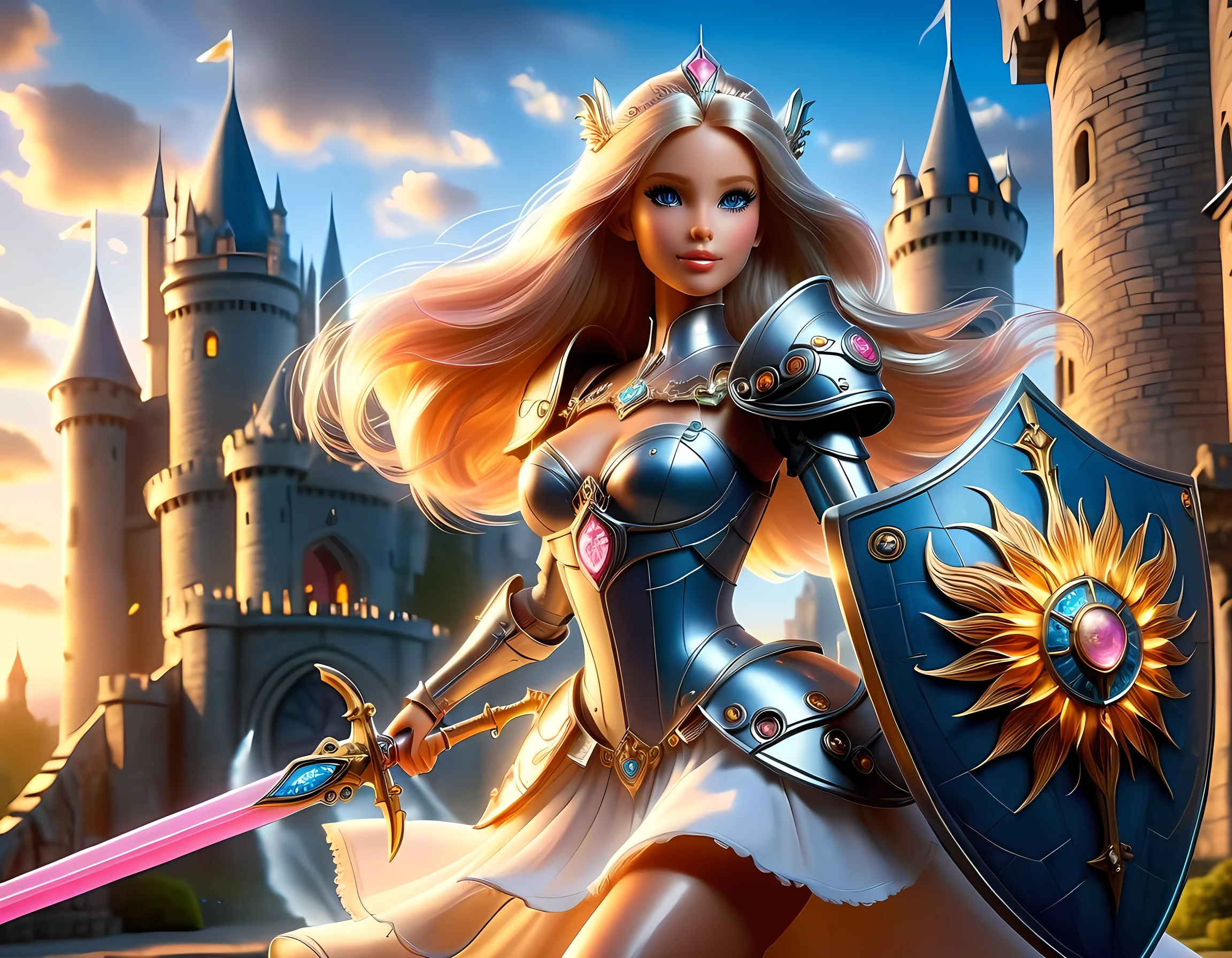 16k, ultra detailed, masterpiece, best quality, (extremely detailed), arafed, dnd art, panoramic view, full body, a single1 ((Barbie: 1.5)) knight standing on the all of the castle as the sun rises, she is holding sword and shield, you see only the silhouette of knight, intense eyes, ultra feminine, ultra detailed face, (Masterpiece, intense details:1.5), (anatomically correct: 1.5), determined face, sky are switching day and night, the sun is rising, suns, some stars, rays of dawn, fantasy castle background, Wide-Angle, Ultra-Wide Angle, 16k, highres, best quality, faize, Sword and shield, Mechanical Creatures