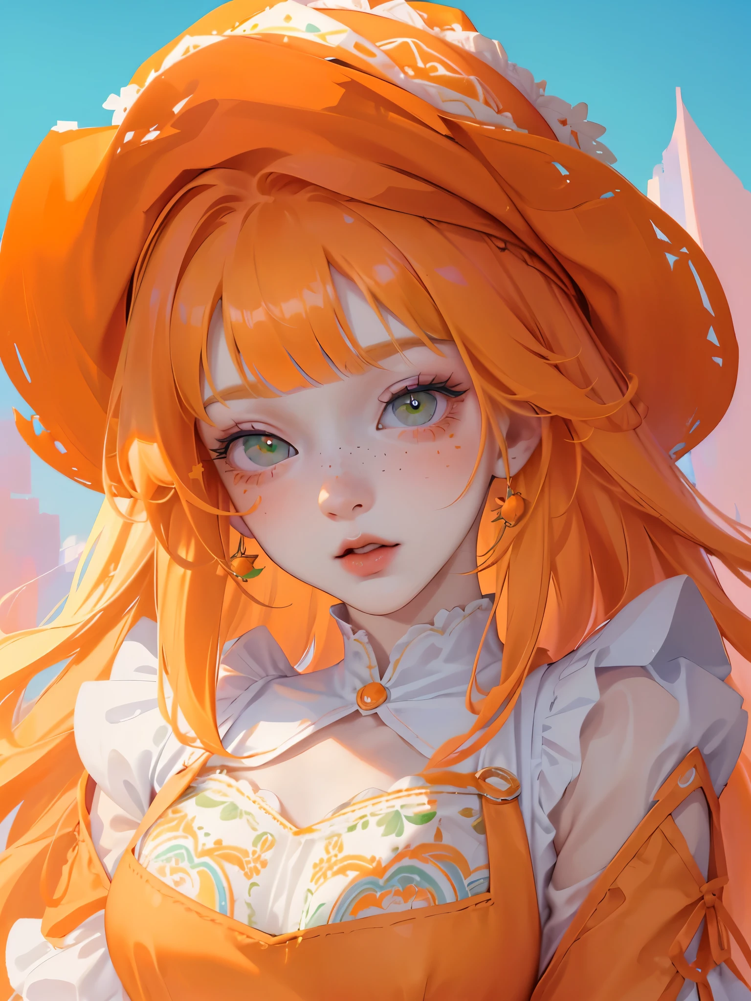 ((best quality)), ((masterpiece)), (detailed), 1 girl, white woman, orange hair, big bright green eyes, freckles on face, long straight orange hair with red gradient downwards, orange bangs on the forehead, tender pink dress with an air of lolita fashion, the woman is located in the middle of nature, cute anime animation style