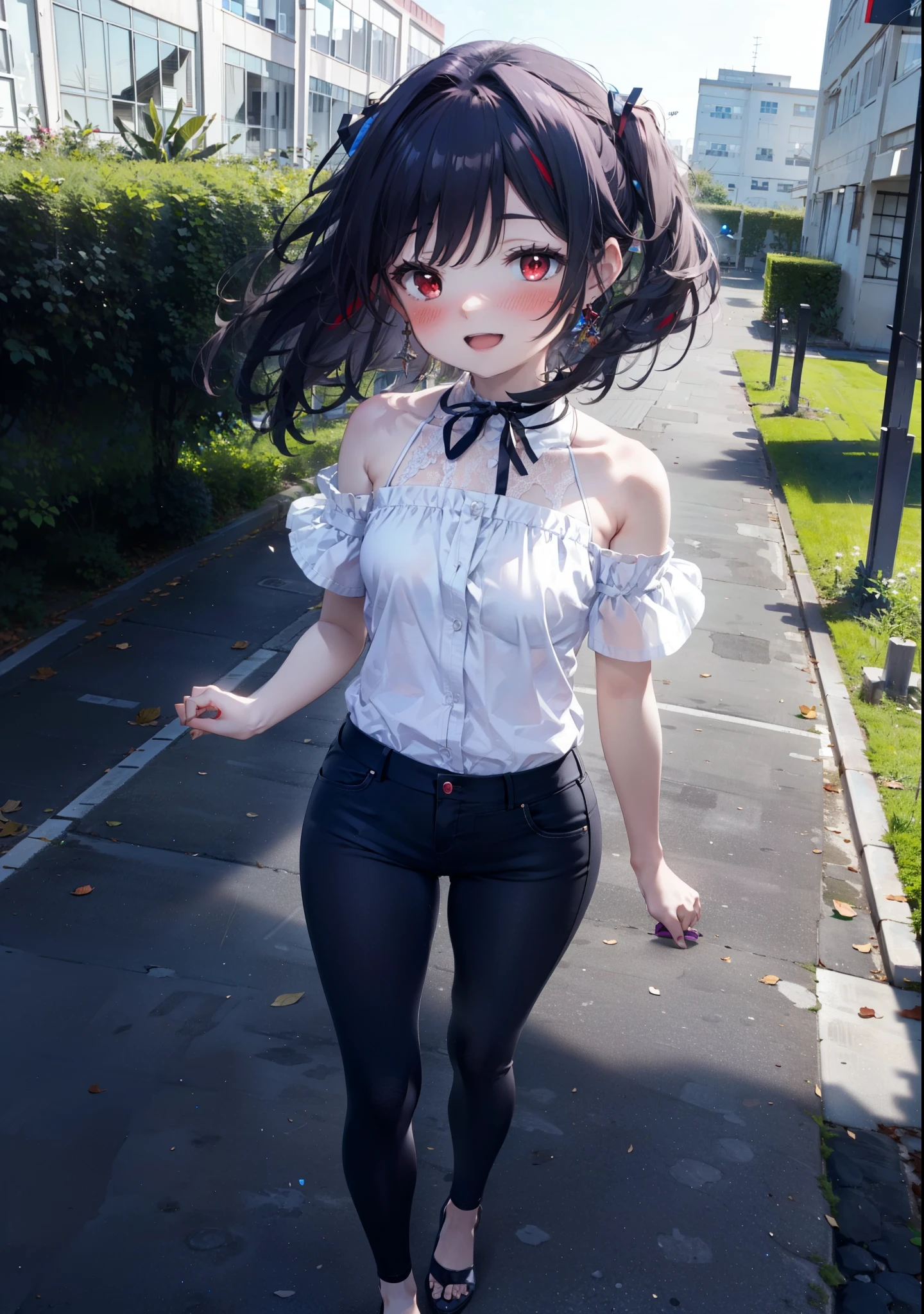 yuukikonno, Yuki Konno, hair band, Long Hair, Pointed Ears, Purple Hair, (Red eyes:1.5), (Small breasts:1.2), blush,happy smile, smile, Open your mouth,Cold shoulder top,Short sleeve,skinny pants,Stiletto heels,morning,morning陽,The sun is rising,whole bodyがイラストに入るように,Looking down from above,　　　　　　　　　　　 break looking at viewer, whole body,　　　　　　　　break outdoors, School,courtyard, 　　　　　　　　　　break (masterpiece:1.2), highest quality, High resolution, unity 8k wallpaper, (shape:0.8), (Beautiful and beautiful eyes:1.6), Highly detailed face, Perfect lighting, Highly detailed CG, (Perfect hands, Perfect Anatomy),