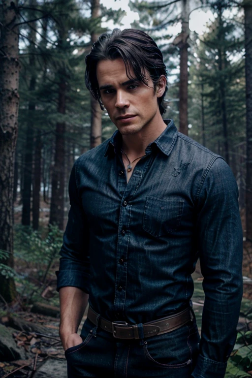 Donovan, Matt Bomer, Wolf, 36 years old, short messy black hair, slim muscular build, blue eyes, open black denim shirt, dark blue jeans, black belt, light brown combat boots, silver moon pendant , black misty forest background.