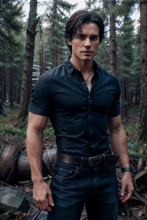 Donovan, Matt Bomer, Teen Wolf, 36 years old, short messy black hair, slim muscular build, blue eyes, open black denim shirt, dark blue jeans, black belt, light brown combat boots, silver moon pendant , black misty forest background.