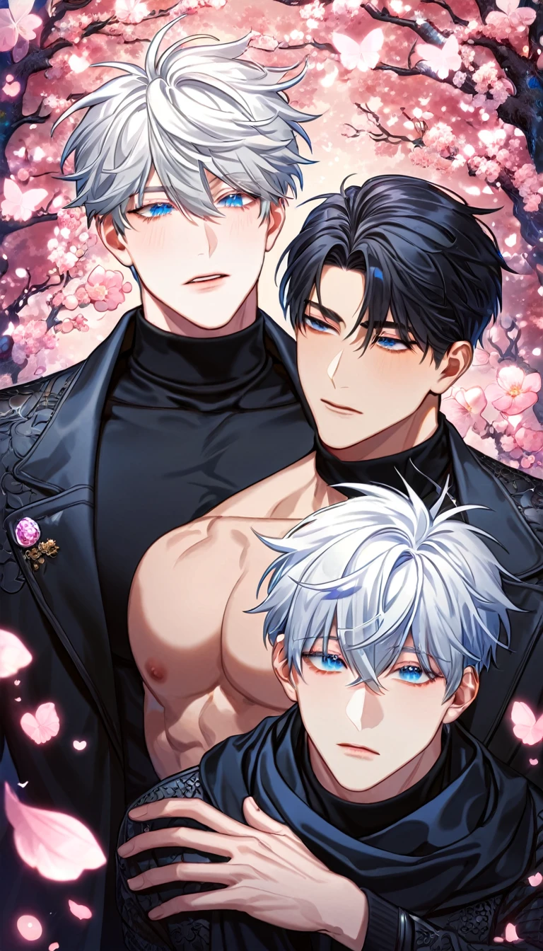 absurdres, highres, ultra detailed, HDR, master piece, best quality, extremely detailed face, delicated features, Kang Woojin, black messy hair, expressive dark blue eyes, Love Jinx, Gojou Satoru, white hair, expressive blue eyes, two sexy men together, gay couple, yaoi, handsome, toned chest, black coat, black sweater, black scarf, fantasy, magical, radiant, blossoms, pink flowers, pink butterflies