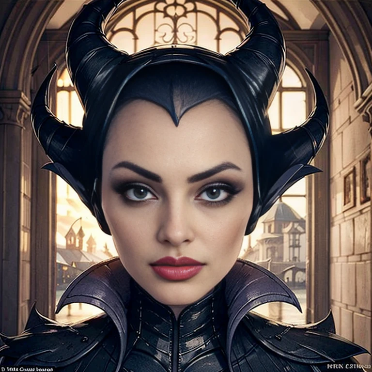 Masterpiece, best quality, detailed face, perfect eyes, Maleficent, black cowl, demon horns, throne behind her, looking at viewer, 