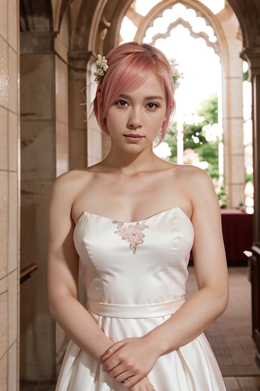 Haruno Sakura, ((Solitary)), Solitary, bride, Wearing a white wedding dress, Queen, Happy, ((The forehead is exposed)), permanent, Entering the church, Pink Hair, short hair, Beautifully, young, short hair, Delicate face, HD, ((whole body)), (The flowers around her), whole body, she is a beautiful woman getting married, face with high quality, beautiful, shining
